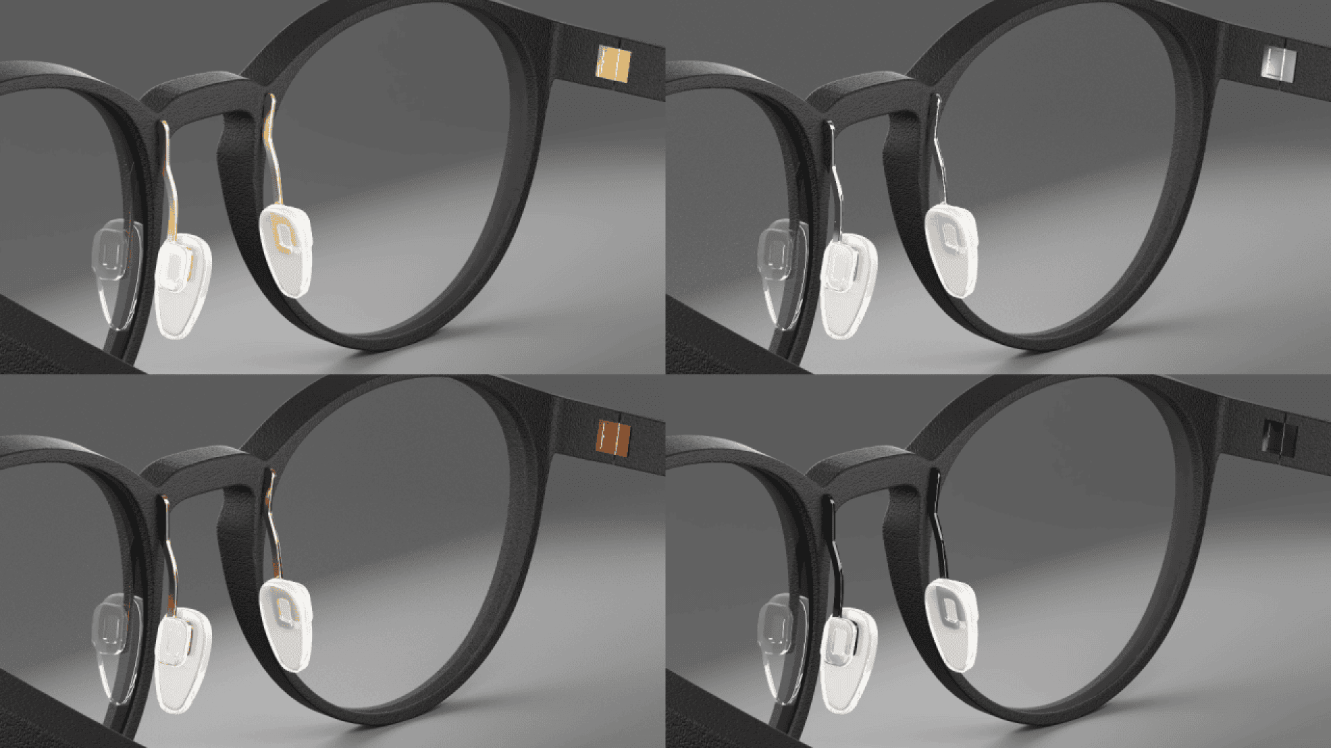 Four close-up images of black eyeglass frames, each showing different styles and colors of nose pads and arms, arranged in a 2x2 grid on a gradient gray background.
