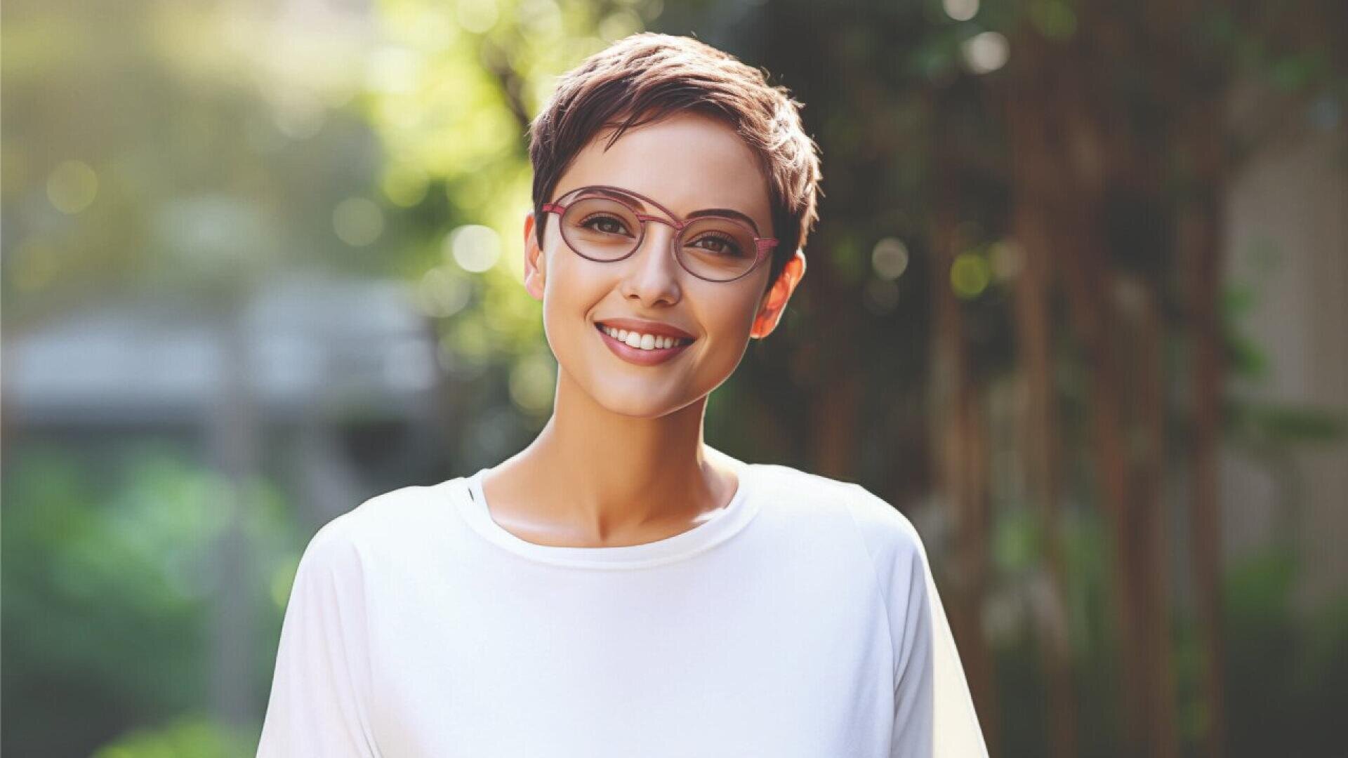 A young woman with short brown hair and glasses smiles warmly while standing outdoors in soft sunlight, wearing a white shirt with greenery in the background.