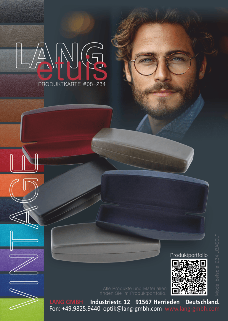 Ein Werbeplakat zeigt farbenfrohe Brillenetuis in verschiedenen Materialien und Farben, mit einem bärtigen Mann mit Brille im Hintergrund. Der Text enthält VINTAGE, LANG etuis und die Kontaktdaten des Unternehmens am unteren Rand.