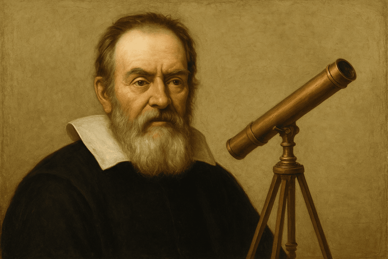 A bearded older man in dark clothes with a white collar sits next to a brass telescope on a tripod against a plain background.