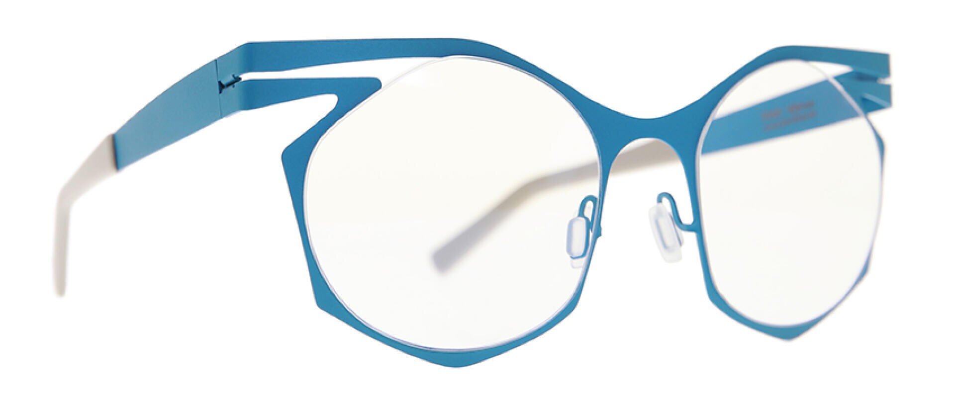 Eine moderne Brille mit dünnem, geometrischem blauem Metallrahmen und klaren Gläsern, mit verstellbaren Nasenpads und einzigartigem eckigen Design an den Bügeln.