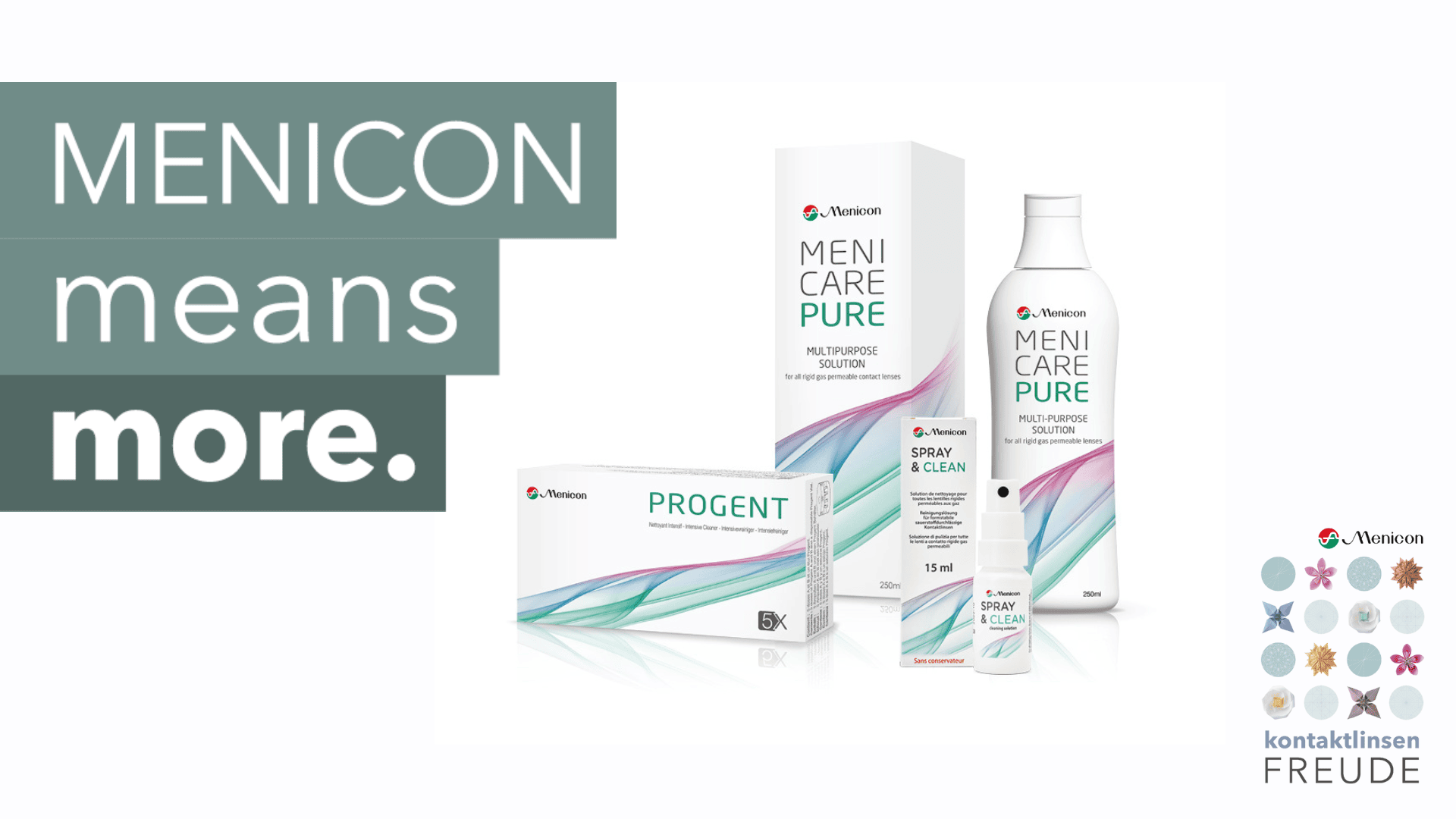 Menicon-Augenpflegeprodukte, einschließlich Menicare Pure-Flaschen und Progent-Box, werden auf einem weißen Hintergrund mit dem Text „MENICON bedeutet mehr“ und Symbolen zur Kontaktlinsenpflege präsentiert.