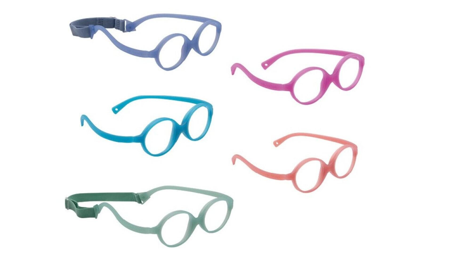 Five pairs of colorful swimming goggles in blue, pink, teal, turquoise, and coral, each with round lenses, displayed on a white background.