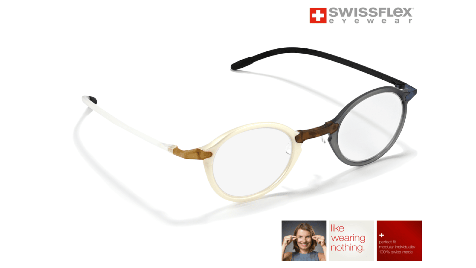 Eine Swissflex-Brille mit runden Gläsern, die eine Hälfte des Rahmens in Weiß, die andere Hälfte in Dunkelgrau. Das Swissflex-Logo befindet sich in der oberen rechten Ecke, und ein Einschub zeigt eine Frau, die die Brille trägt.