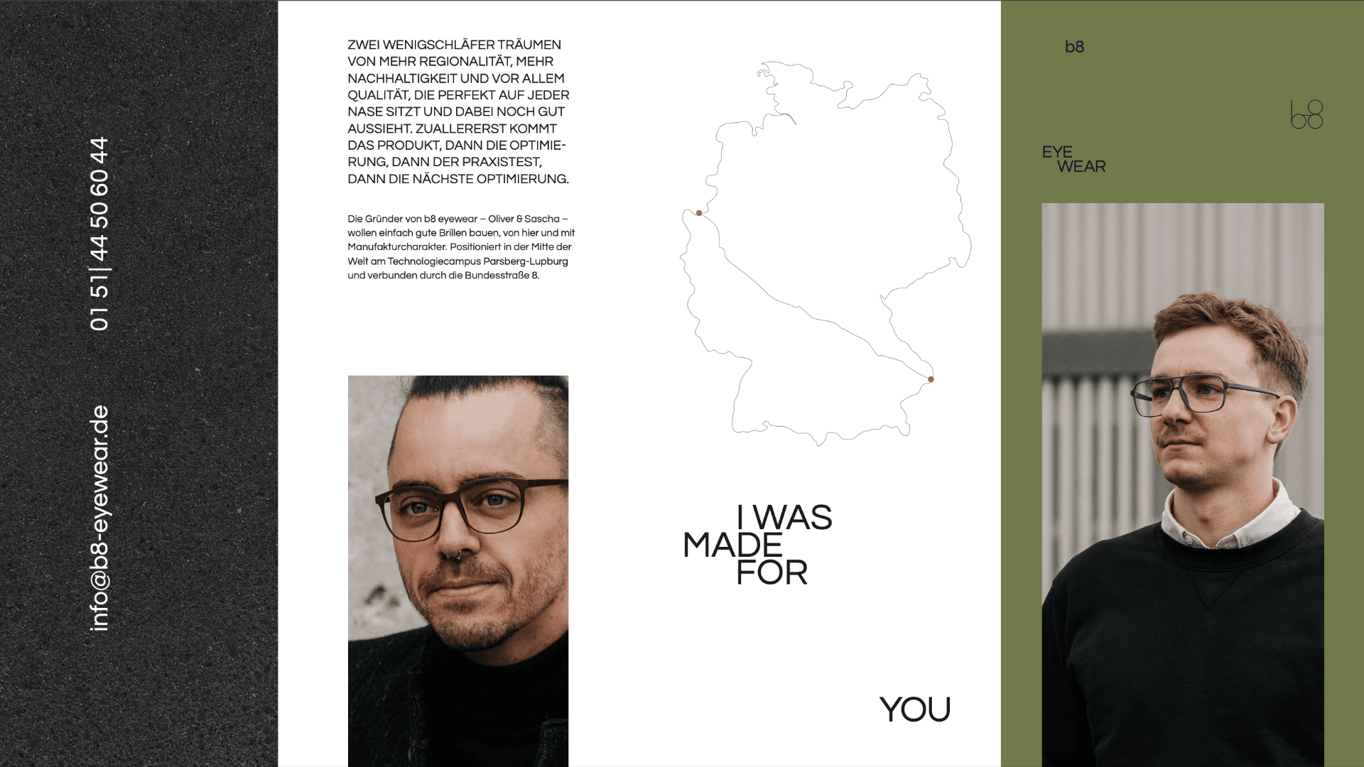 Eine moderne Brillenwerbung mit zwei Fotos eines Mannes mit Brille, einer minimalistischen Deutschlandkarte und einem Text, der deutsche Qualität beschreibt. Die linke Seitenleiste zeigt Kontaktdaten, und „I WAS MADE FOR YOU“ ist zentriert unter der Karte zu sehen.