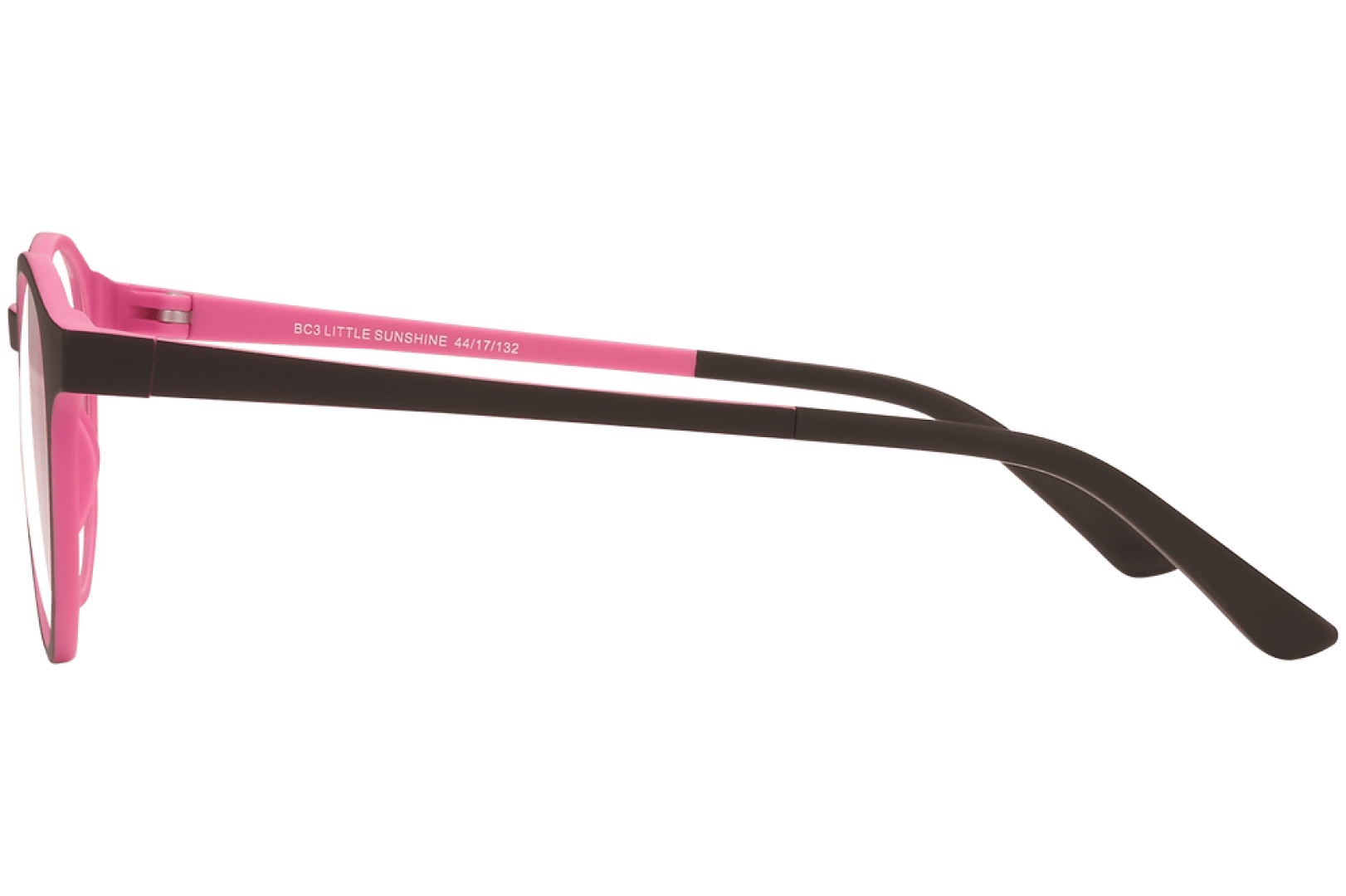 Side view of eyeglasses with a pink front frame and black temples, shown against a white background. The inside of the temple is labeled with white text.