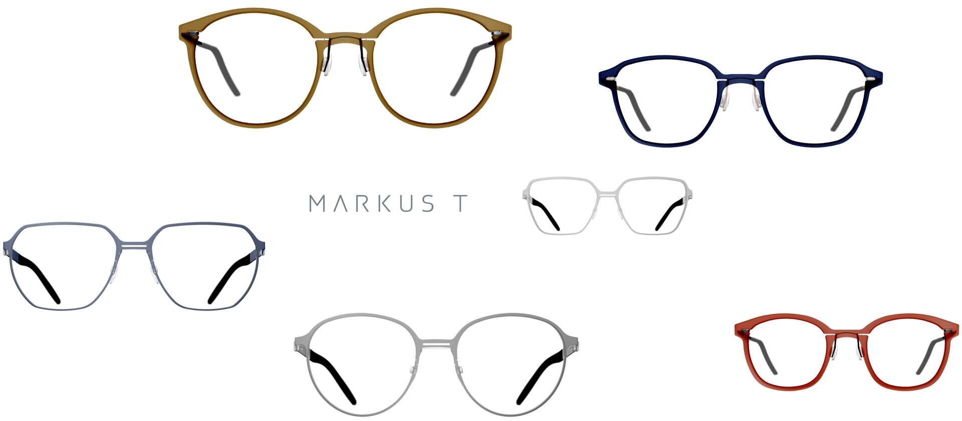 Sechs Brillen in verschiedenen Rahmenfarben - braun, blau, silber, weiß, schwarz und rot - sind um den Text MARKUS T auf weißem Hintergrund angeordnet.
