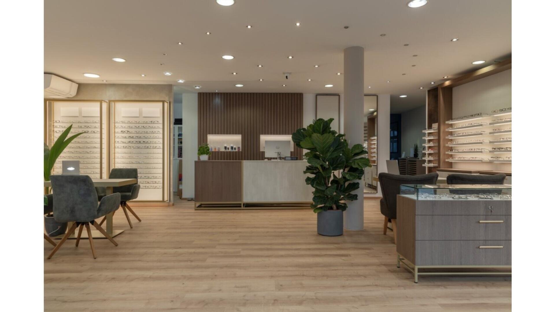 Modern optician’s shop interior with display walls of eyeglass frames, wooden floors, a reception desk at the center, stylish chairs, and a large potted plant adding greenery to the space.