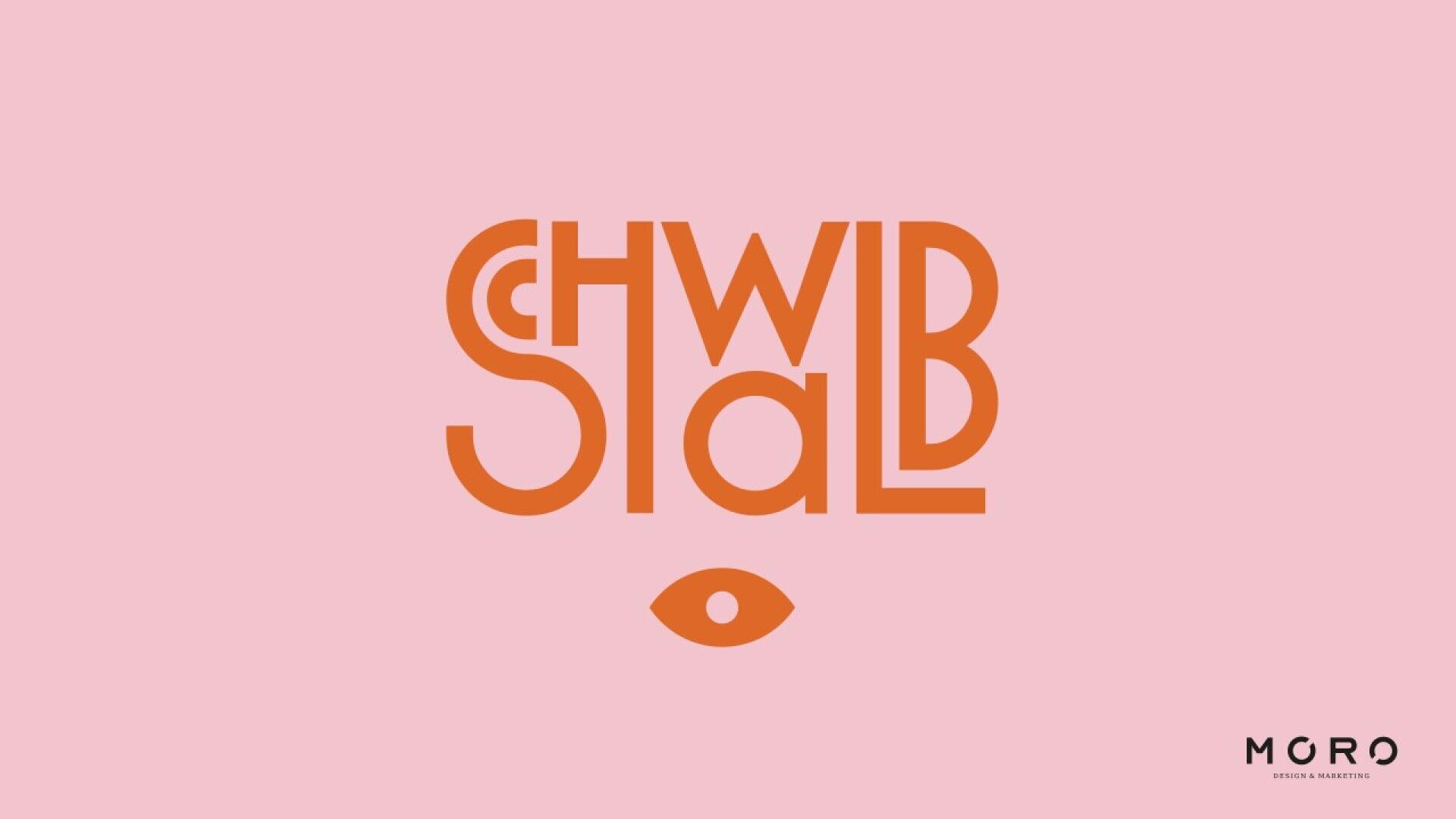 Orange stylized text on a pink background spells SCHWAB STALB with a small eye symbol below and MGRO DESIGN MATTERS in small black text at the bottom right.