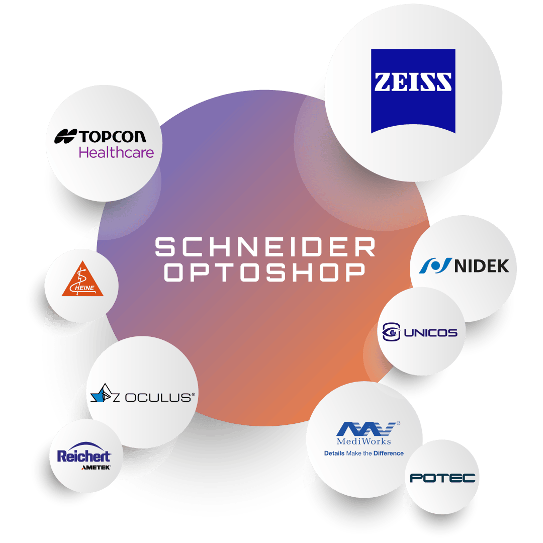 Eine kreisförmige Grafik mit SCHNEIDER OPTOSHOP in der Mitte, umgeben von den Logos von sieben ophthalmologischen Marken: Zeiss, Topcon Healthcare, CSO, Oculus, Reichert, MediWorks, Potec, Nidek und Unicos.