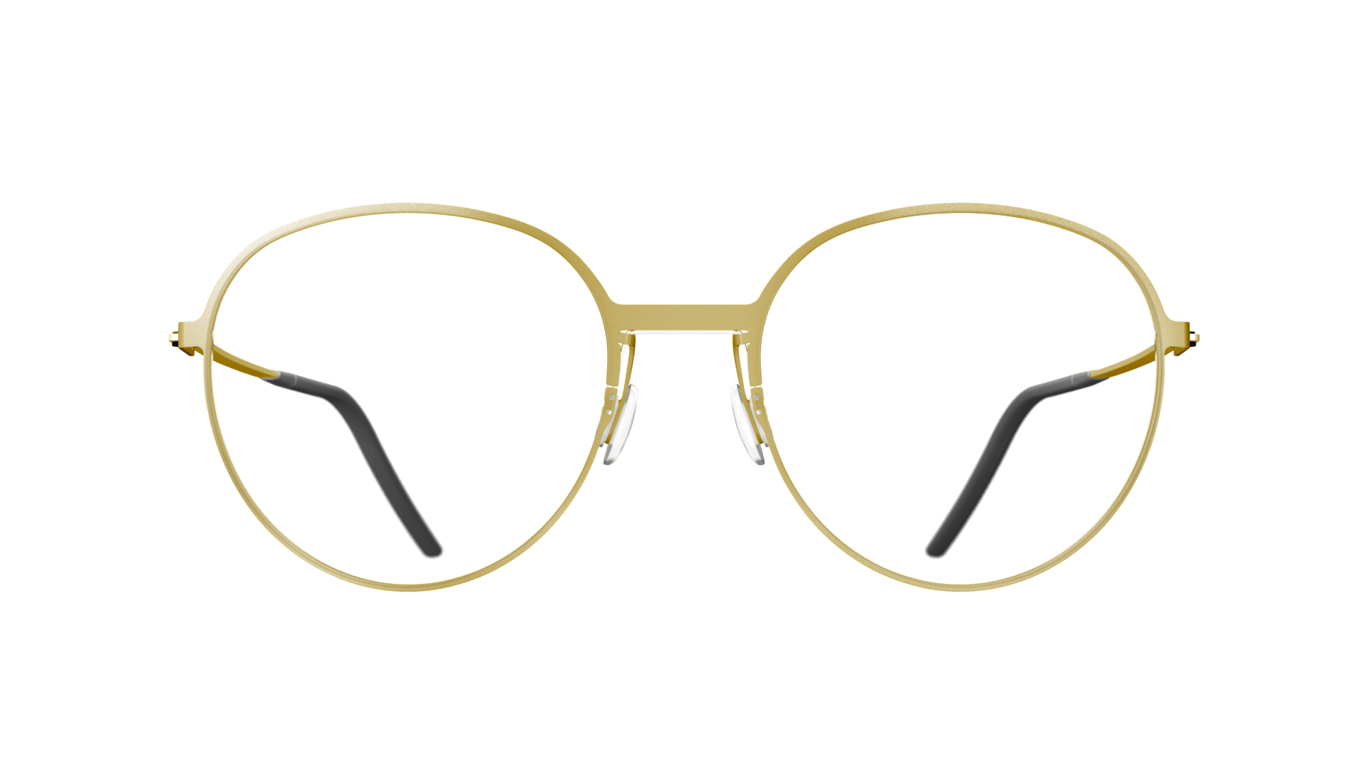Round, gold metal eyeglasses with thin rims and black temple tips, displayed on a transparent background.