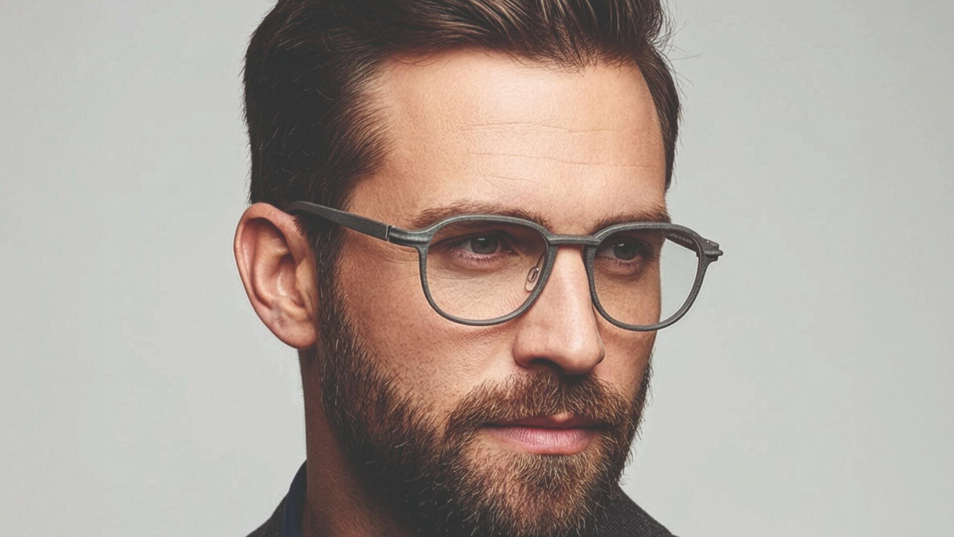 A man with neatly styled brown hair, a full beard, and mustache wears round gray eyeglasses and a dark jacket, looking slightly to the side against a plain light background.