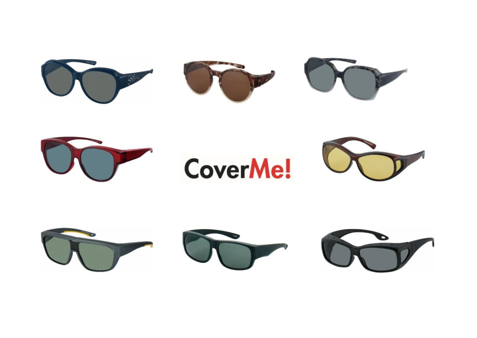 Ein Raster aus acht verschiedenen Sonnenbrillenformen umgibt den Schriftzug CoverMe! in der Mitte, mit Rahmen in verschiedenen Farben, darunter Schwarz, Rot, Schildpatt und gelb getönte Gläser.