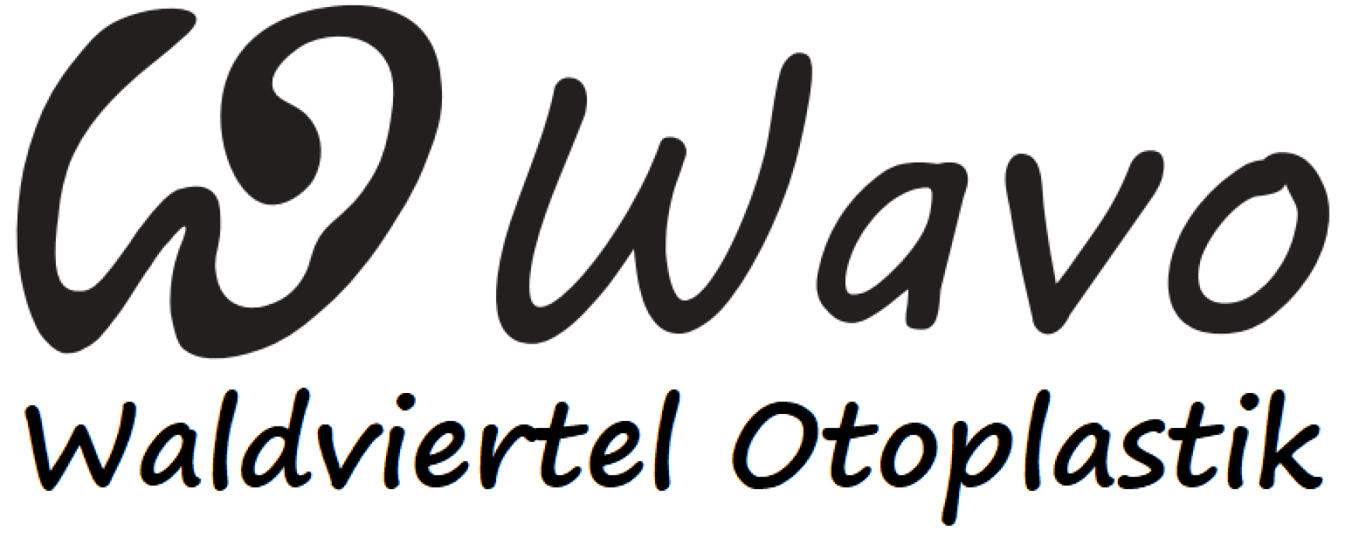 Logo mit einer stilisierten Ohrform und dem Wort "Wavo" in Schreibschrift. Darunter steht in einer handschriftlichen Schrift "Waldviertel Otoplastik".