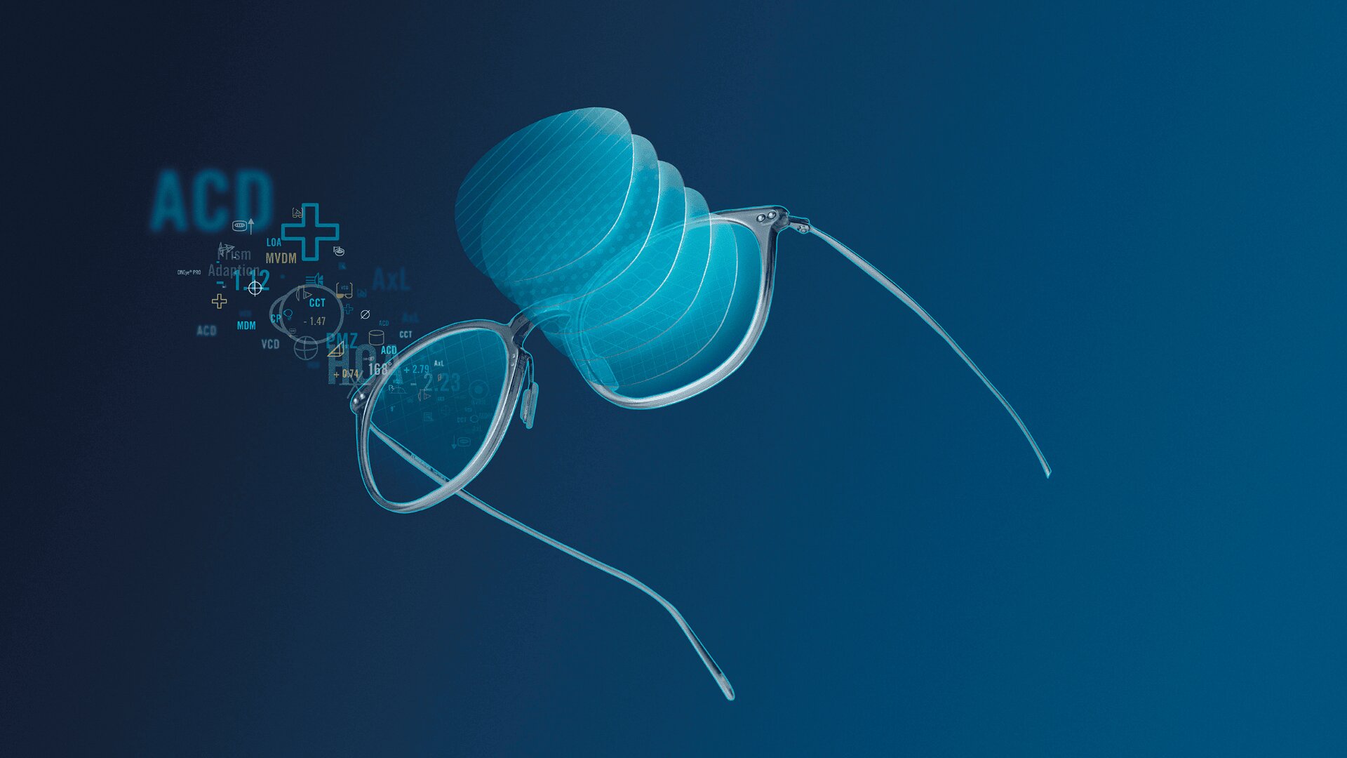 Eine Brille mit digitalen blauen holografischen Gläsern, schwebenden Symbolen, Zahlen und medizinischen Daten, die auf eine fortschrittliche Sehtechnologie oder erweiterte Realität auf dunkelblauem Hintergrund hindeuten.