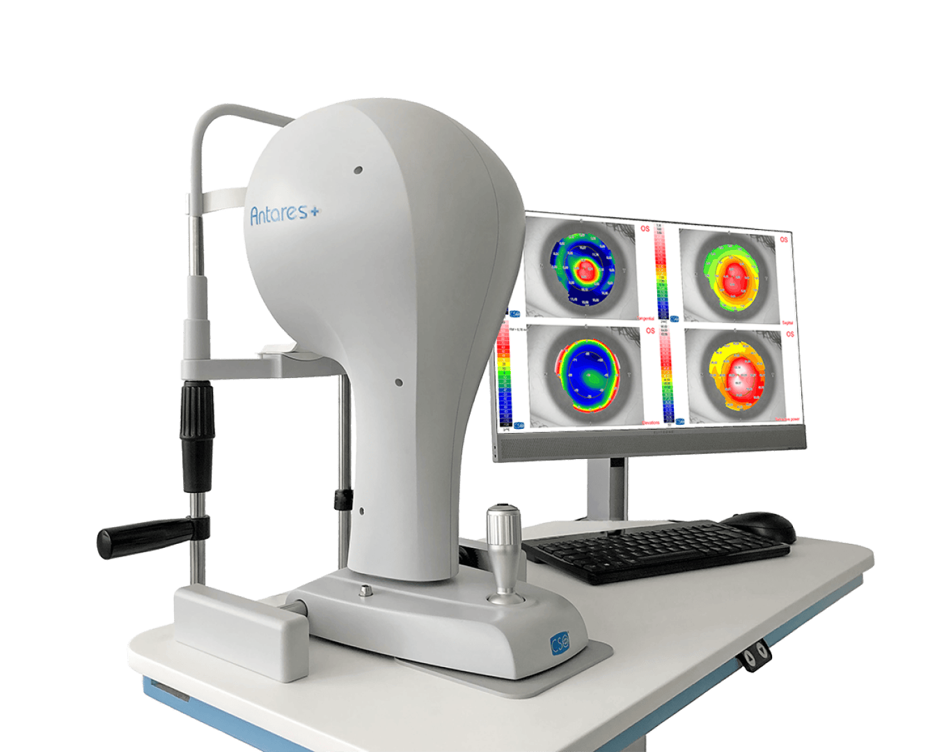Ein Gerät zur Hornhauttopographie auf einem Tisch neben einem Computermonitor, auf dem bunte Hornhautkarten angezeigt werden, davor eine Tastatur und eine Maus.