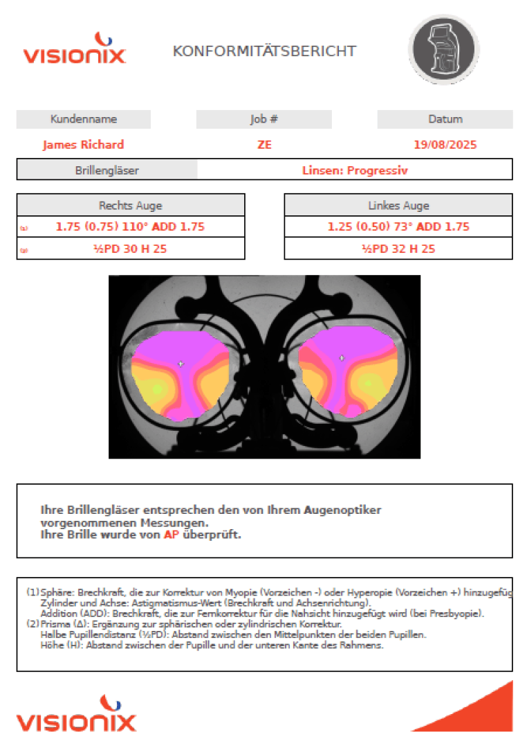 Ein Konformitätsbericht von Visionix zeigt die Brillengläser für beide Augen, ein farbiges Bild der Sehanalyse und die Bestätigung, dass die Brille der Verordnung des Optikers entspricht. In den Kästen sind detaillierte Messungen und Patienteninformationen aufgeführt.