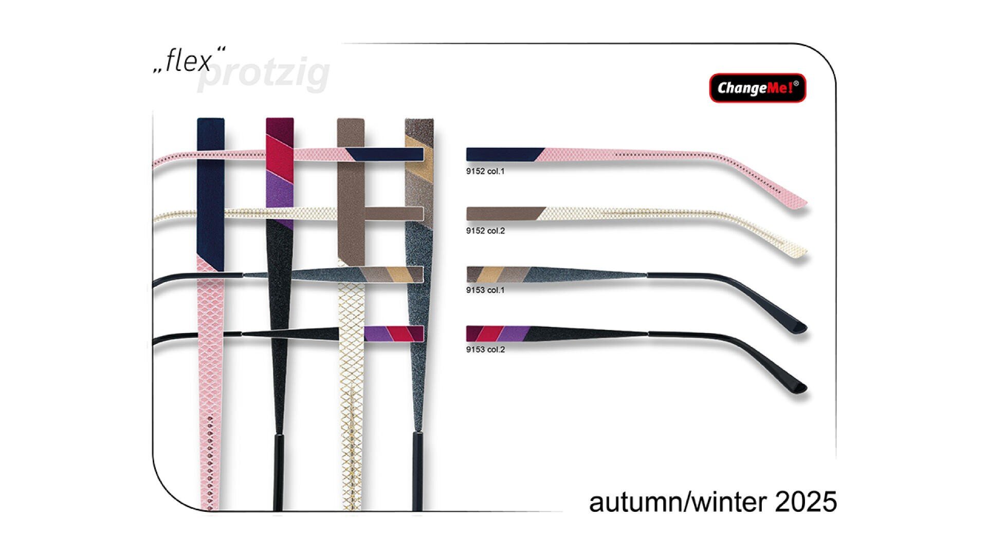 Eine Auswahl an farbenfrohen Brillenbügeln mit verschiedenen geometrischen und strukturierten Mustern mit der Aufschrift ChangeMe!, die im Rahmen der Herbst/Winter-Kollektion 2025 gezeigt werden.