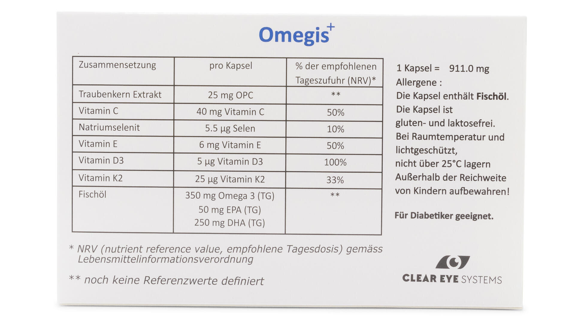 Ein Etikett für Omegis+-Kapseln mit Angaben zu den Inhaltsstoffen pro Kapsel, Prozentangaben zum Tagesbedarf sowie Hinweisen zum Fischölgehalt, zu Allergenen und Aufbewahrungshinweisen. Das Logo von CLEAR EYE SYSTEMS befindet sich unten rechts.