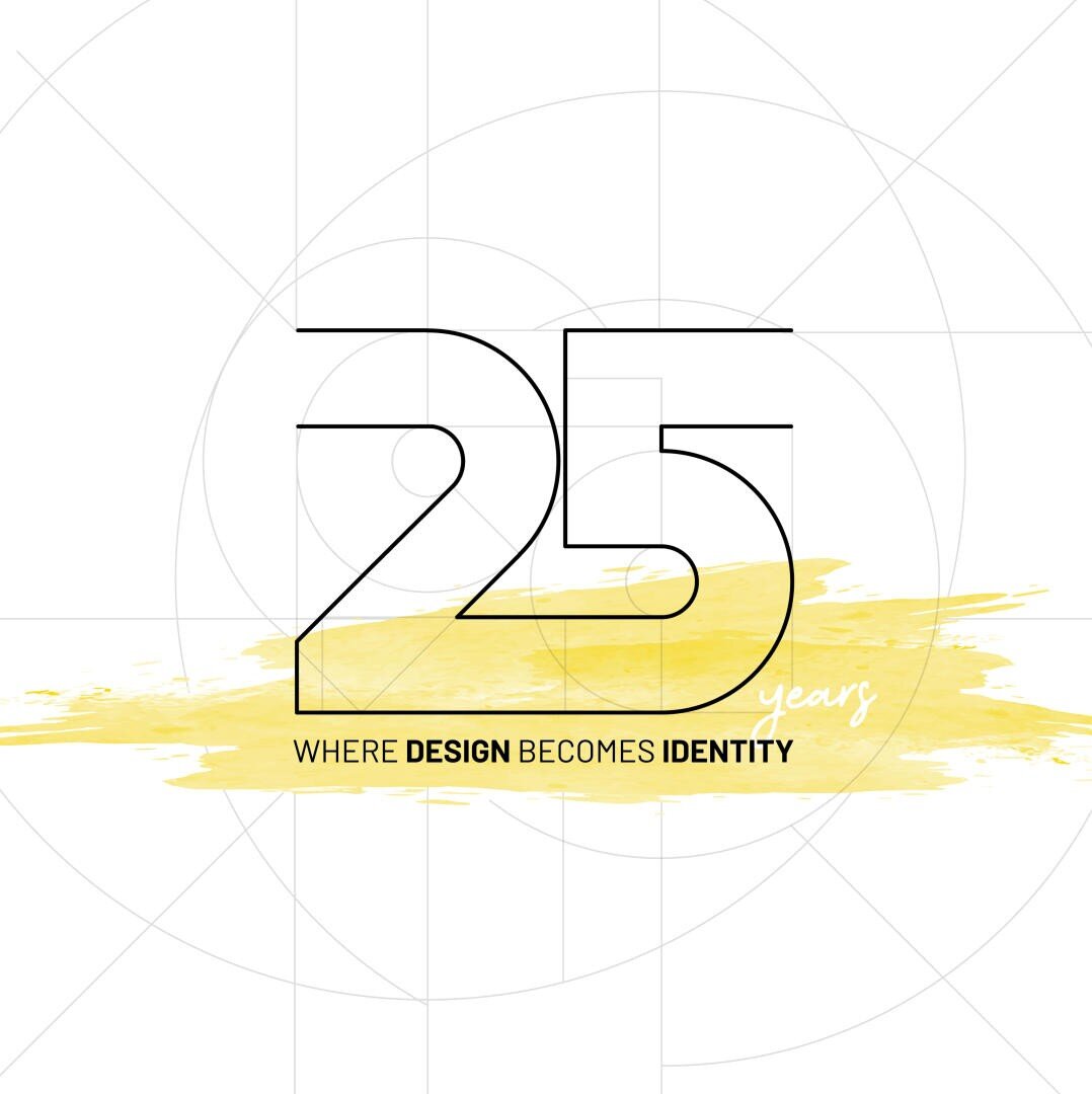 Large outlined number 25 with a yellow line of color behind it. To the right is the year. Below it in black lettering: WHERE DESIGN BECOMES IDENTITY. Geometric background lines are faintly visible.