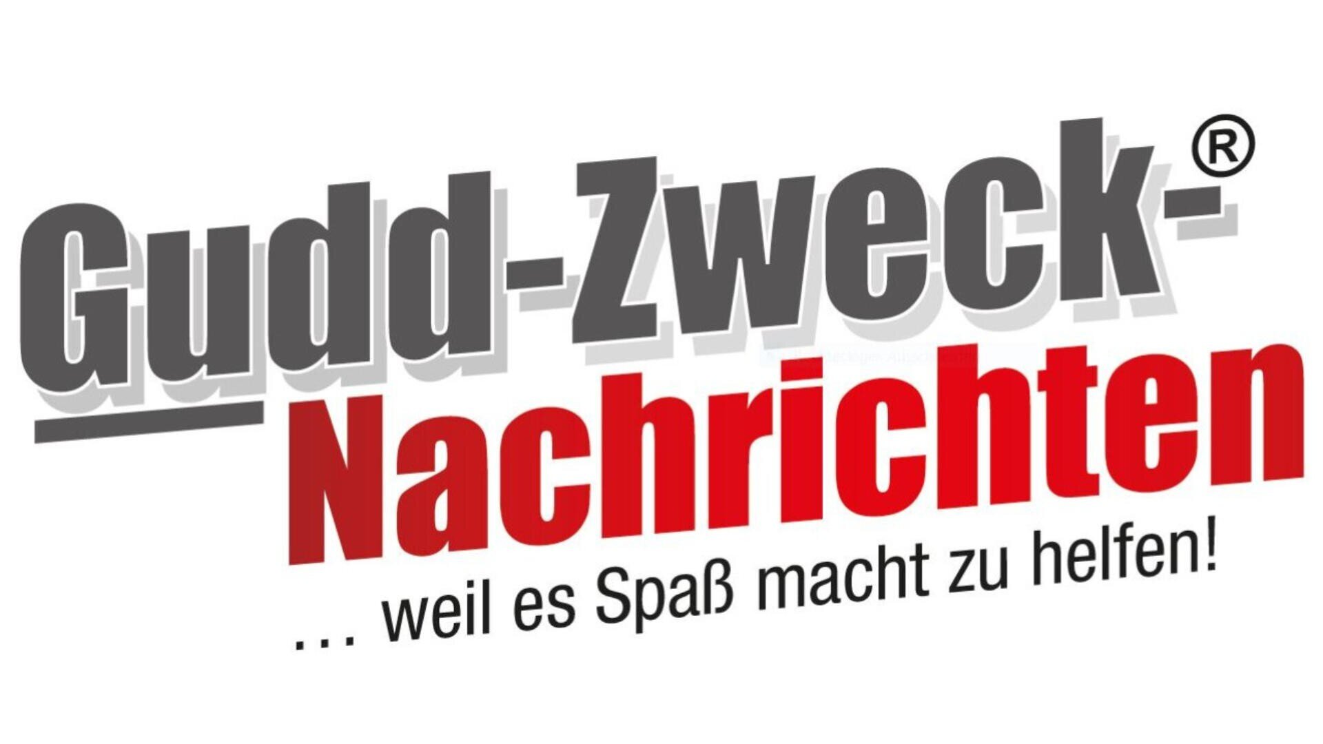 Logo mit dem Text Gudd-Zweck-Nachrichten in Fettschrift, mit Nachrichten in Rot und dem Rest in Grau. Unten im kleineren Text: ... weil es Spaß macht zu helfen! auf weißem Hintergrund.