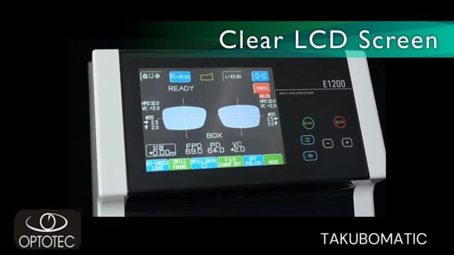 Eine Nahaufnahme eines Optotec Takubomatic E1200-Geräts mit einem übersichtlichen LCD-Bildschirm mit verschiedenen technischen Daten und Tasten. Oben rechts steht Clear LCD Screen.
