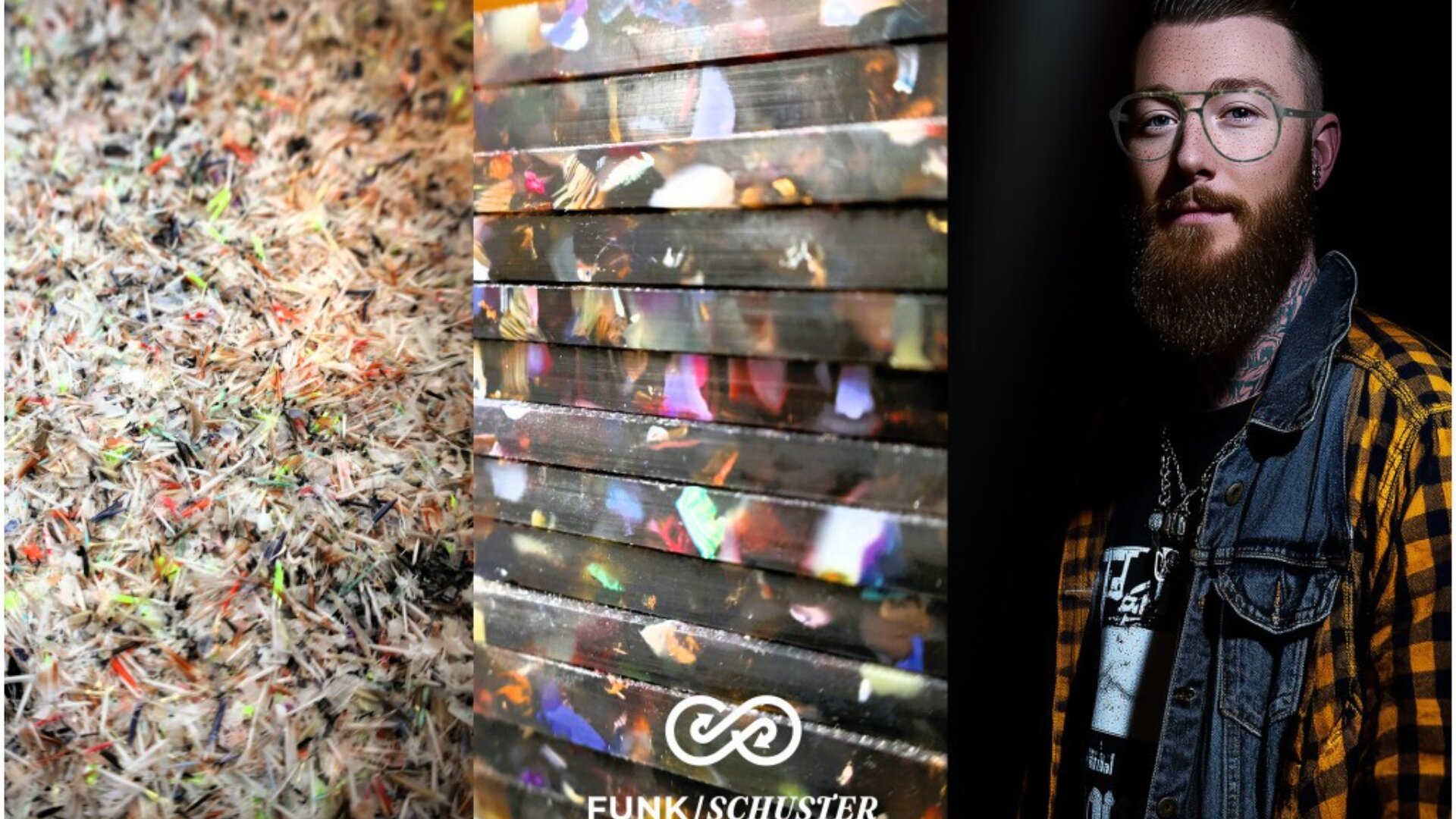 A split image: left side shows colorful shredded material; center shows a stack of colorful, abstract art prints; right side features a bearded man in glasses and a plaid shirt, standing against a dark background.