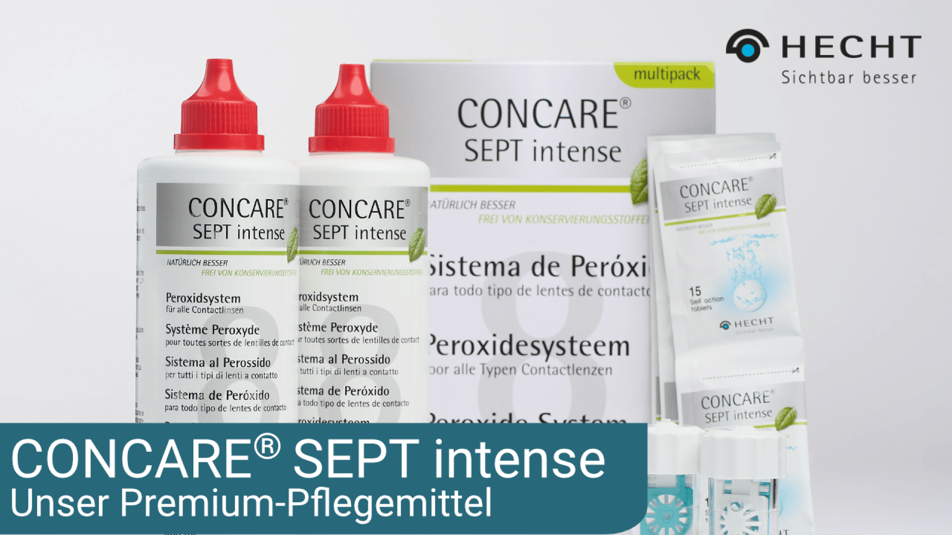 Zwei Flaschen und eine Schachtel CONCARE® SEPT intense, ein Kontaktlinsenpflegesystem auf Peroxidbasis, mit sichtbarer Produktverpackung und Markenbezeichnung. Der deutsche Text beschreibt es als Premium-Pflegeprodukt von HECHT.