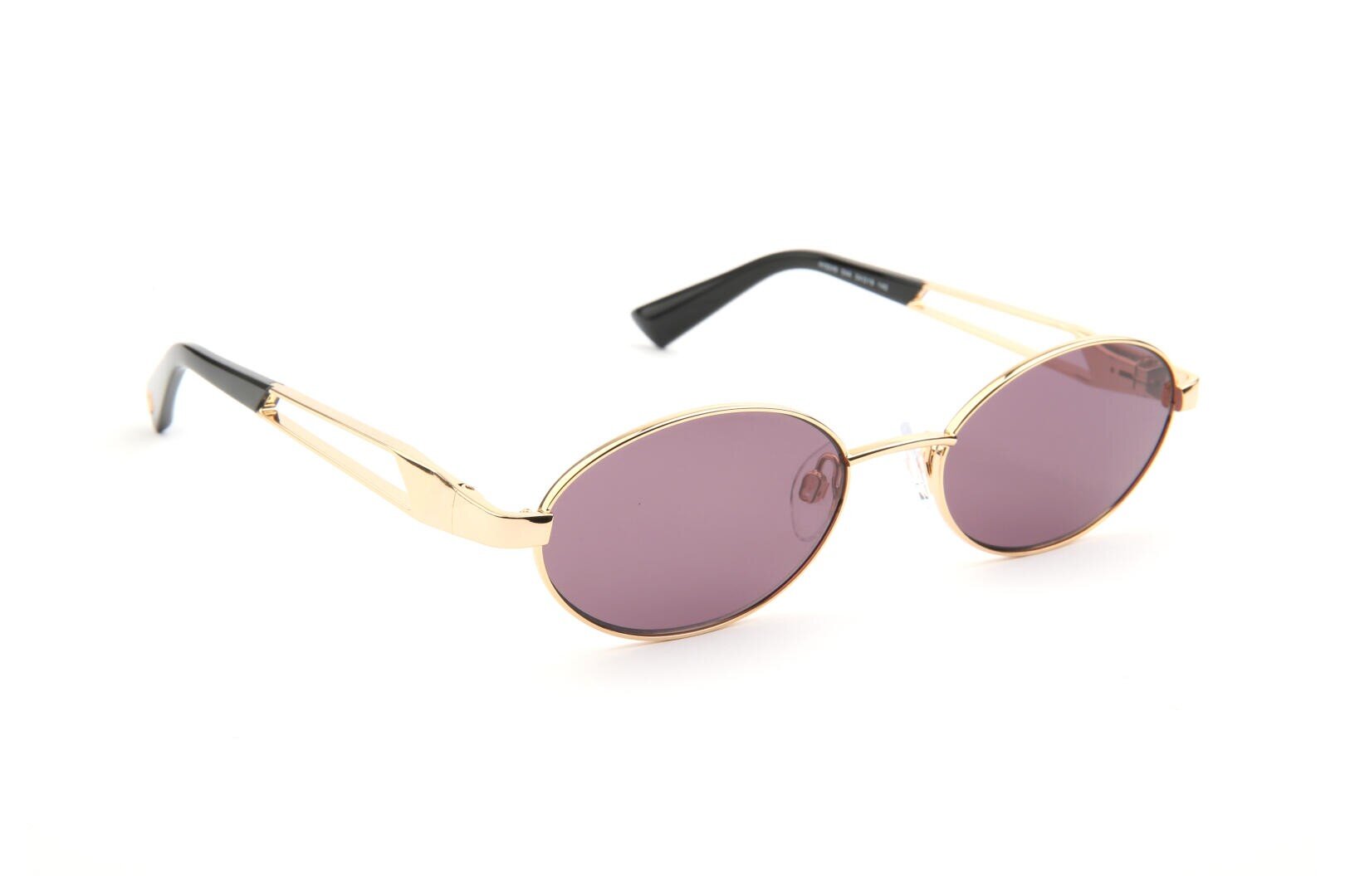 Gold-framed oval sunglasses with purple-tinted lenses and black earpieces, displayed on a white background.