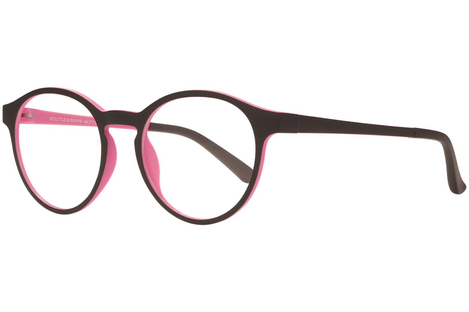 Round eyeglasses with a black exterior and bright pink interior, featuring thin frames and straight temples.
