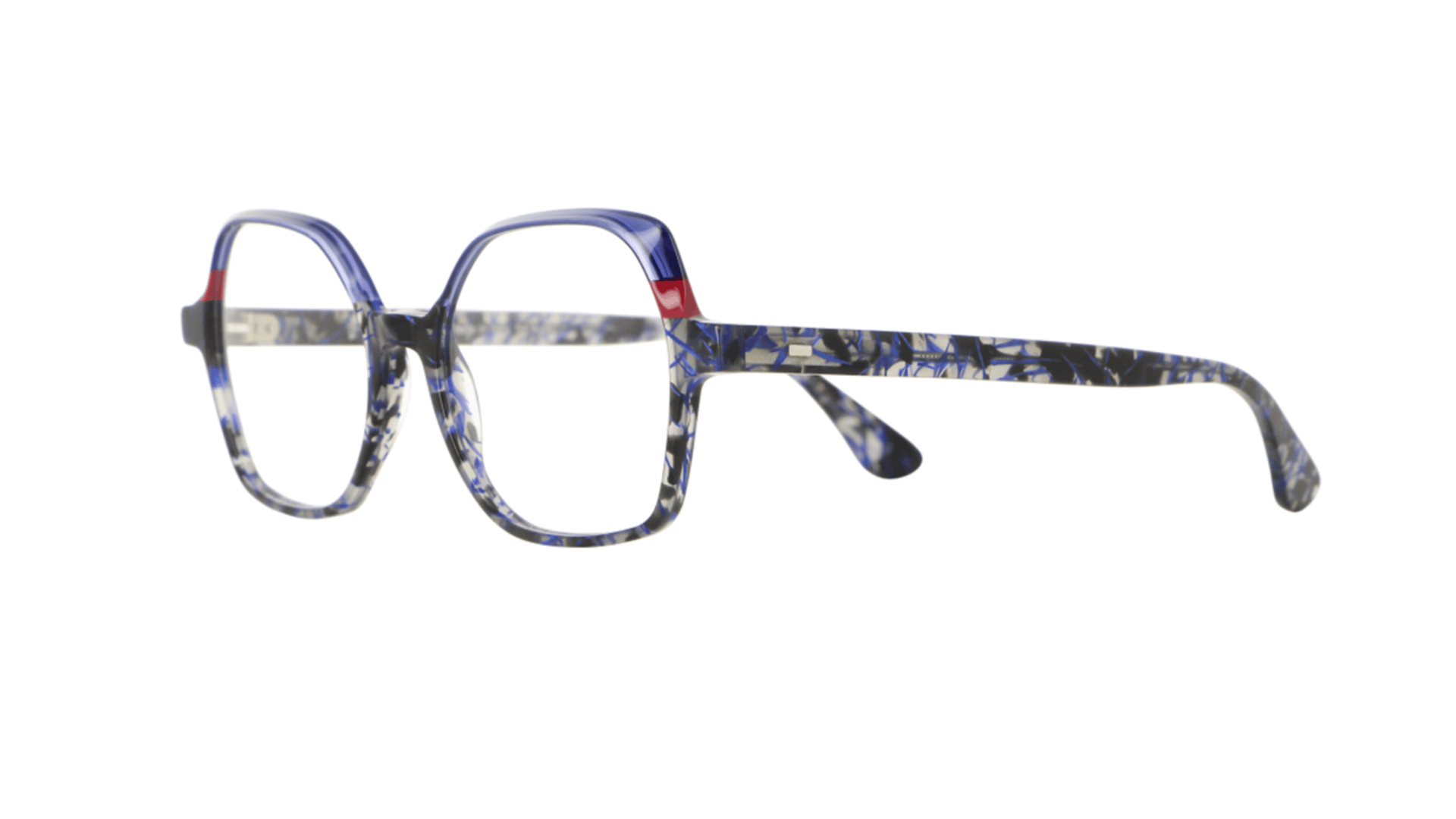 Stylish eyeglasses with square blue and black marbled frames, red accents near the hinges, and clear lenses, shown on a white background.