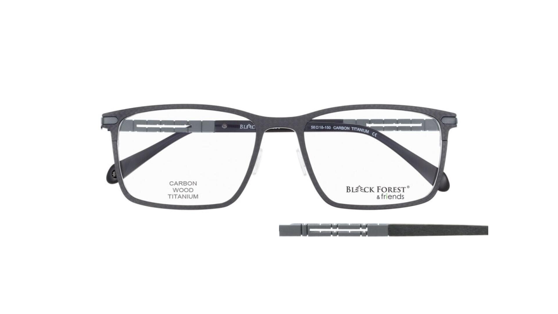 Rectangular eyeglasses with a dark frame, featuring a mix of carbon, wood, and titanium materials. The brand BLACK FOREST & friends is visible on one lens, alongside product details.