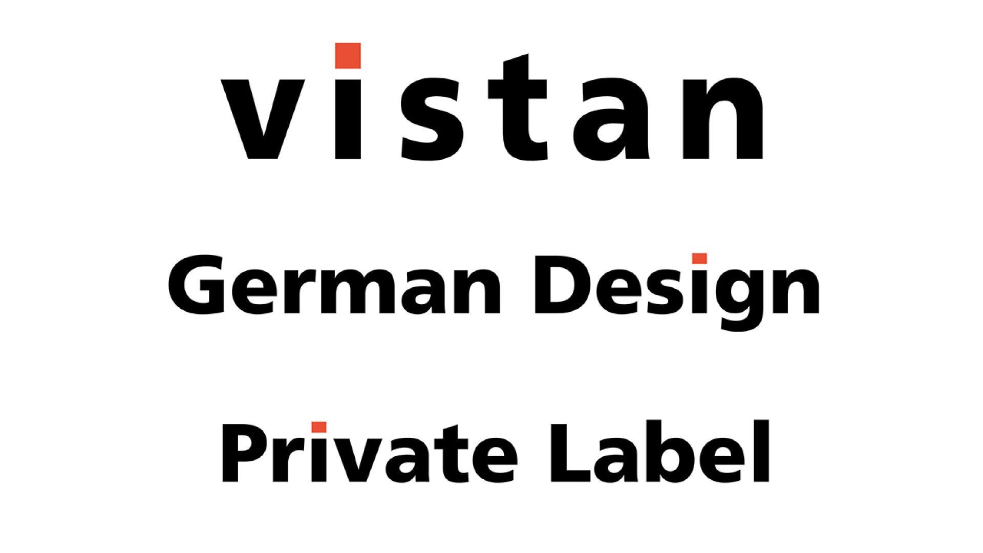 Das Bild zeigt das Wort vistan mit einem orangefarbenen Quadrat über dem i, gefolgt von den Phrasen German Design und Private Label. Ein orangefarbenes Quadrat erscheint auch über dem i in Private. Der gesamte Text ist in fetter schwarzer Schrift gehalten.