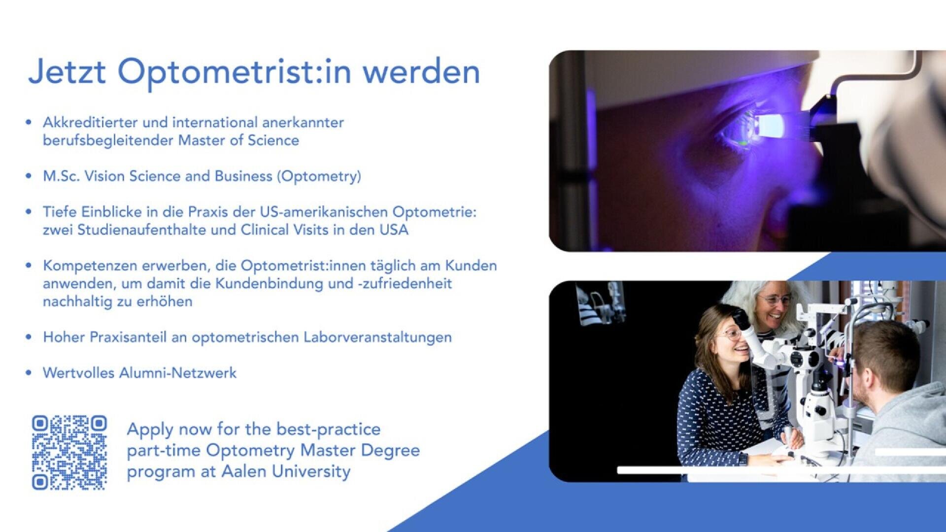 Promotional graphic for Aalen University’s Optometry Master program, featuring text about the course and its benefits. Includes photos of optometry equipment, an eye exam, and students interacting with an instructor.