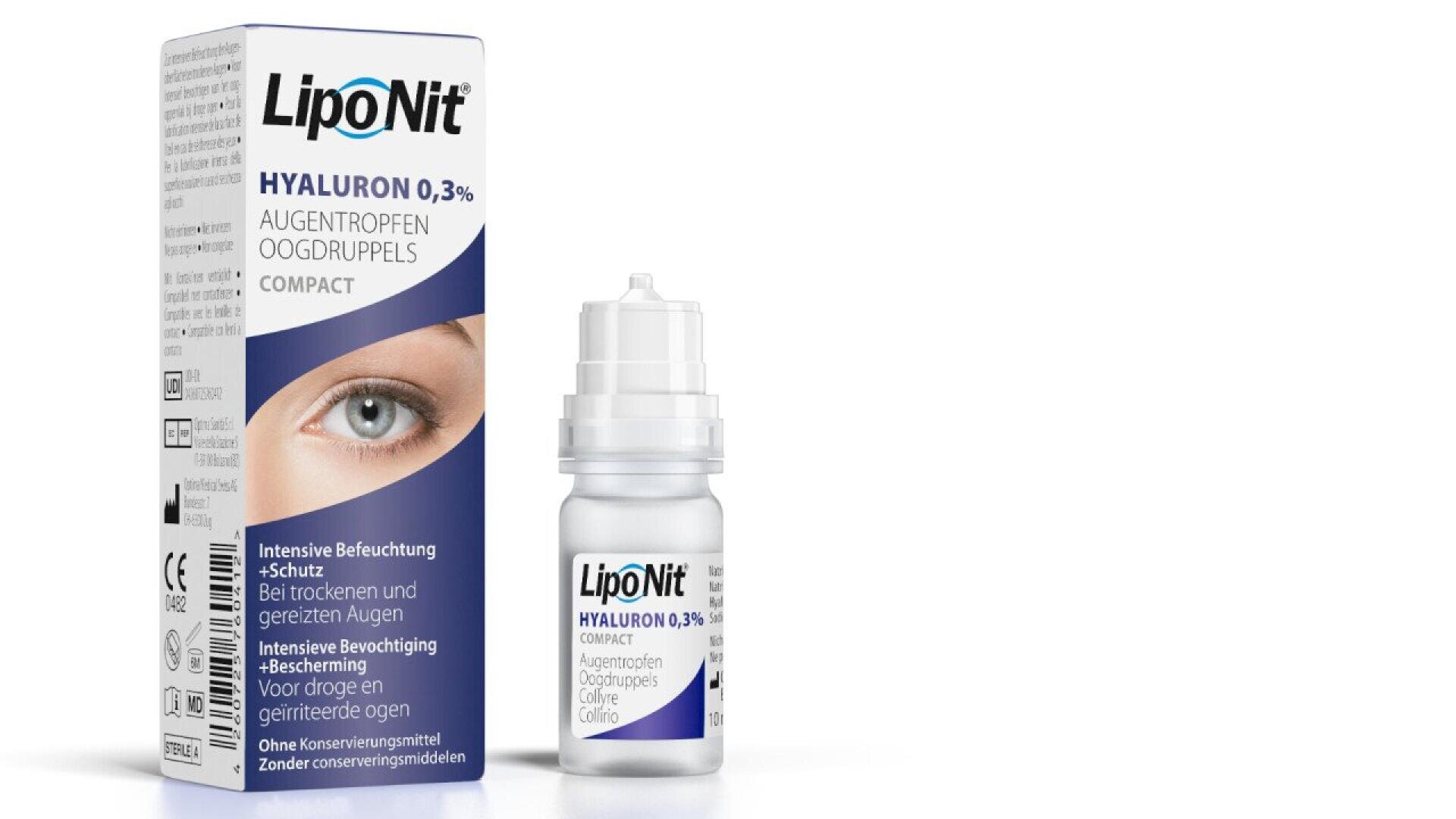 A box and bottle of LipoNit Hyaluron 0.3% compact eye drops, featuring blue and white packaging with an image of an eye and product information in multiple languages.