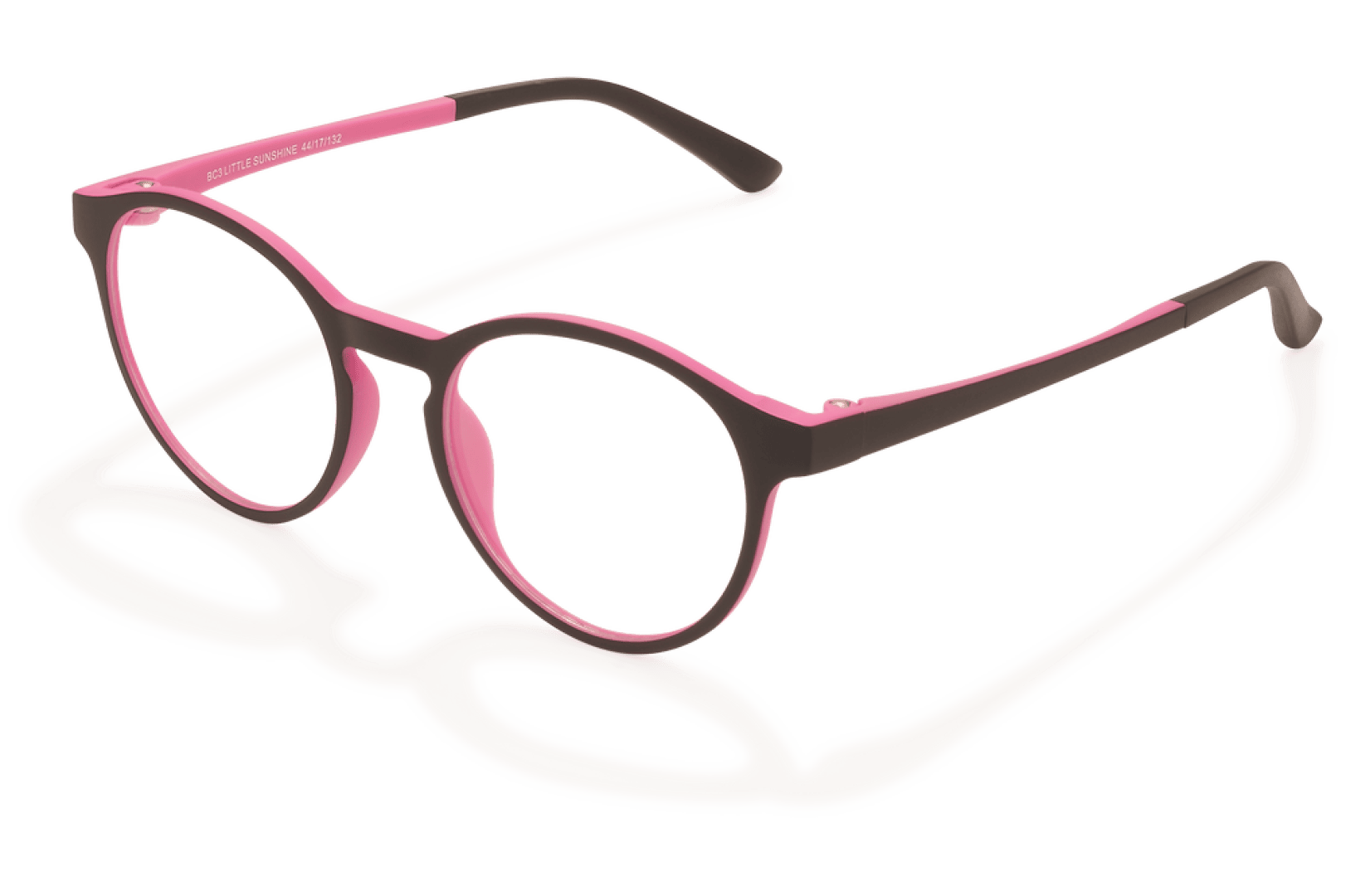 A pair of round eyeglasses with a black outer frame and pink inner lining, casting a soft shadow on a white surface.