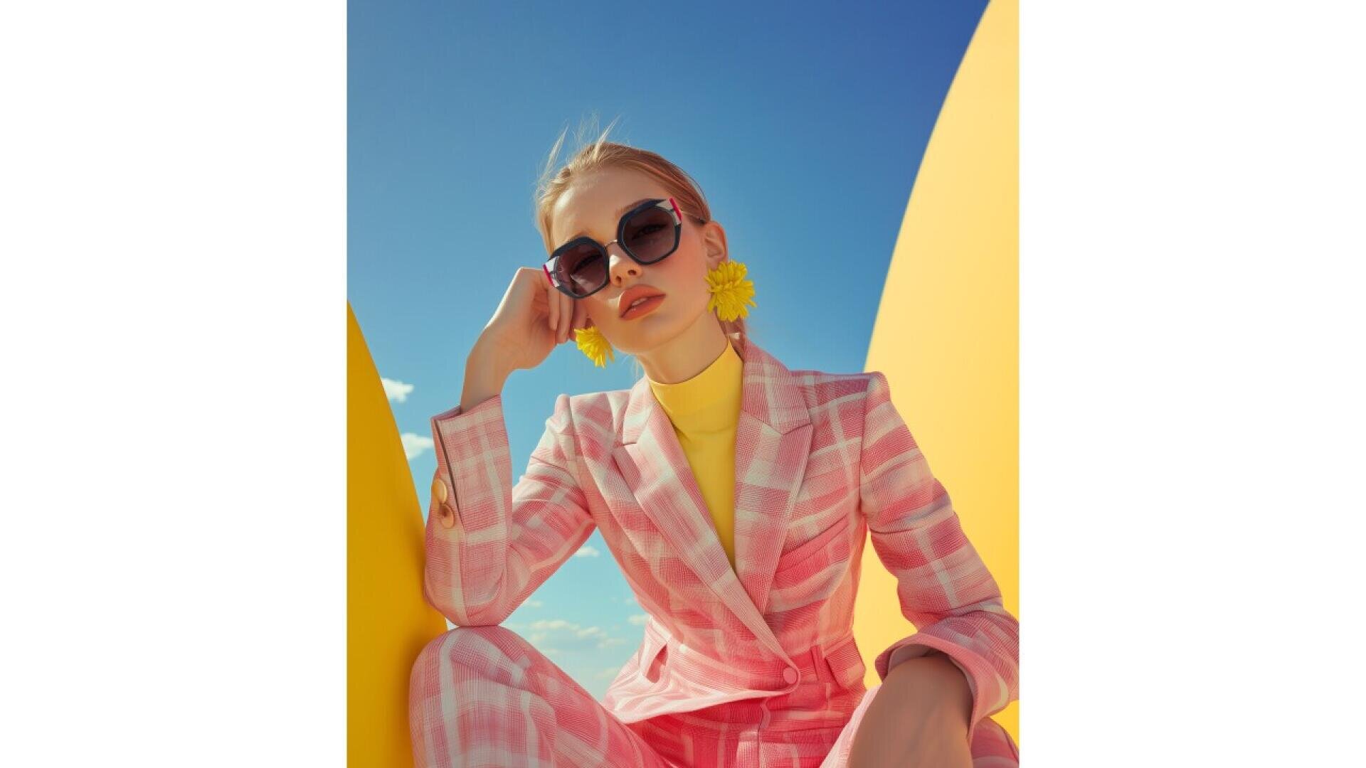 A woman wearing a pink plaid suit, yellow top, large yellow flower earrings, and black sunglasses poses confidently against a bright blue sky with bold yellow shapes in the background.