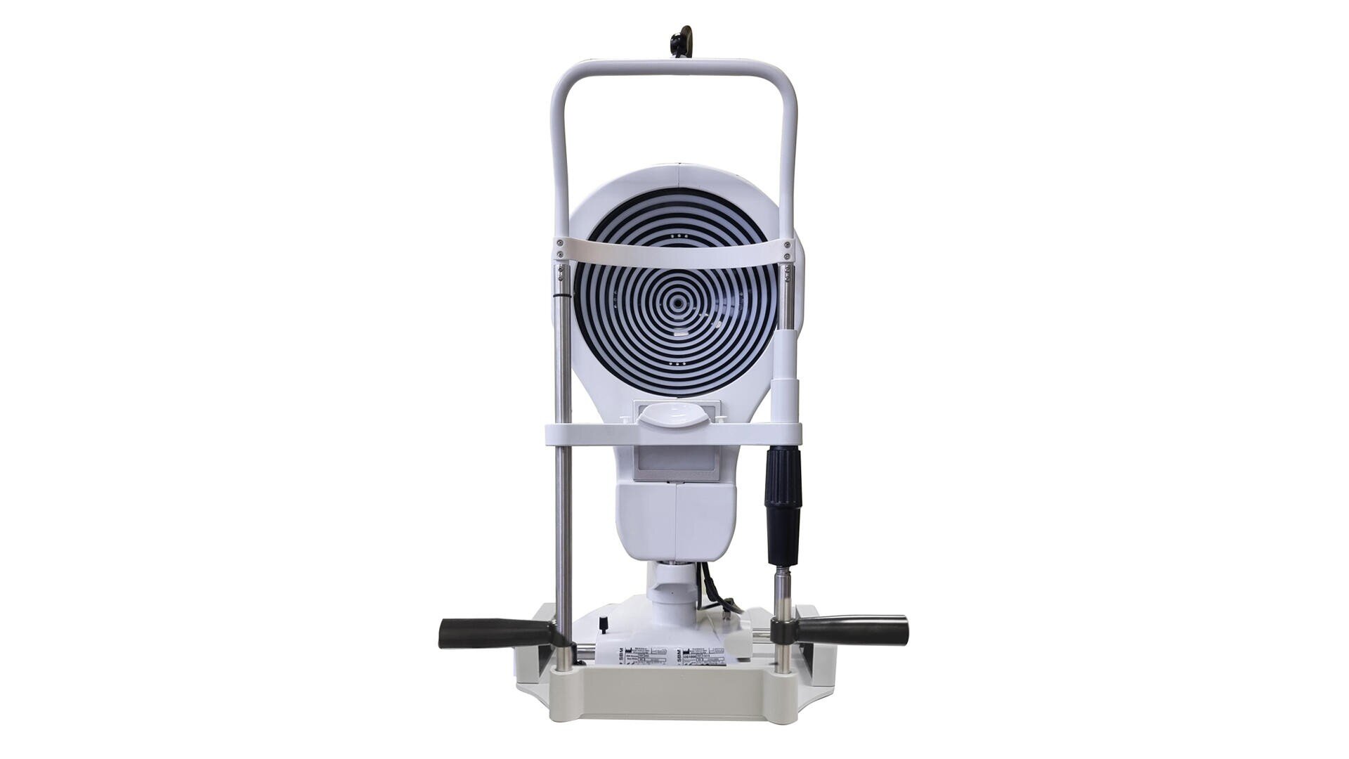 Frontalansicht eines kompakten, aufrechten Trainingsgeräts mit Lenker, Fußstützen und einem kreisförmigen Ventilator in der Mitte. Der Rahmen ist aus Metall mit schwarzen und weißen Komponenten.