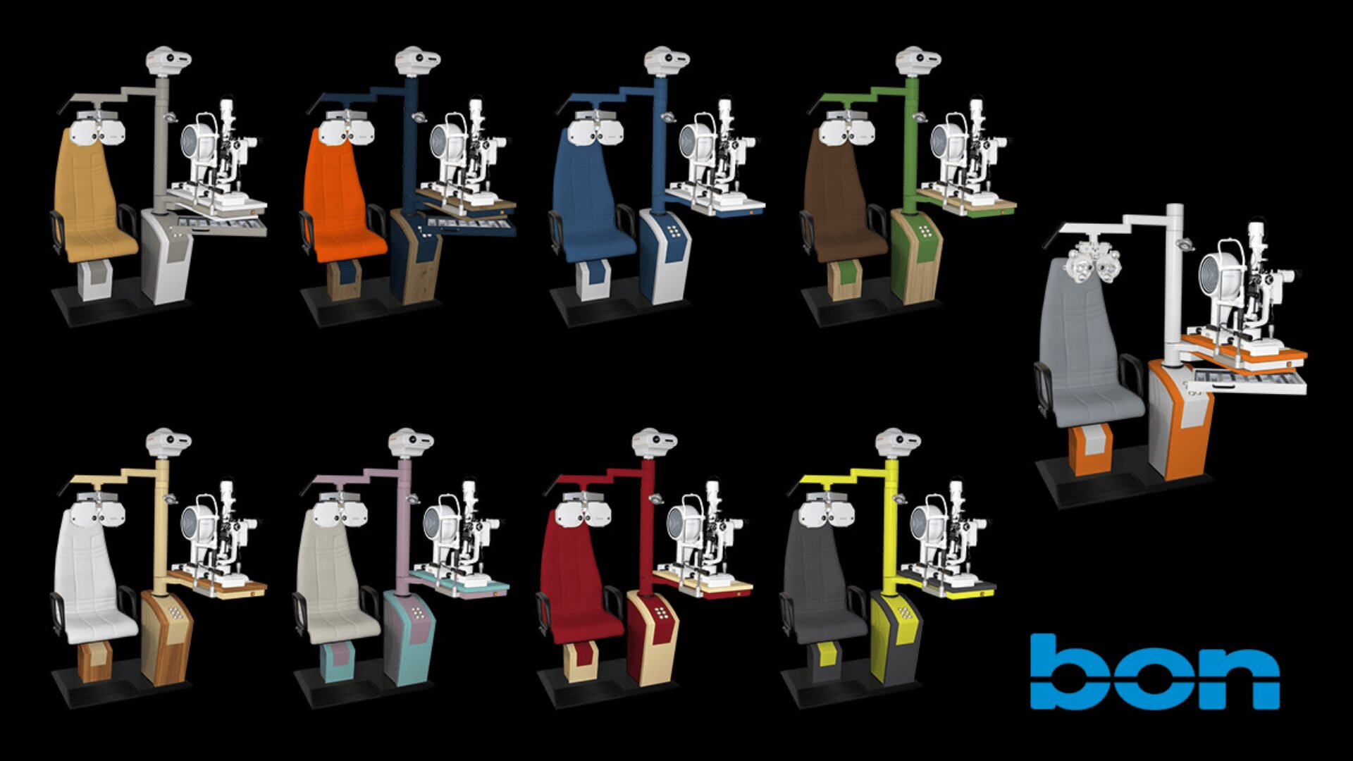 Zwölf Augenuntersuchungsstühle in verschiedenen Farben sind rasterförmig auf schwarzem Grund angeordnet und mit augenärztlichen Instrumenten ausgestattet. In der unteren rechten Ecke ist das blaue Bon-Logo zu sehen.