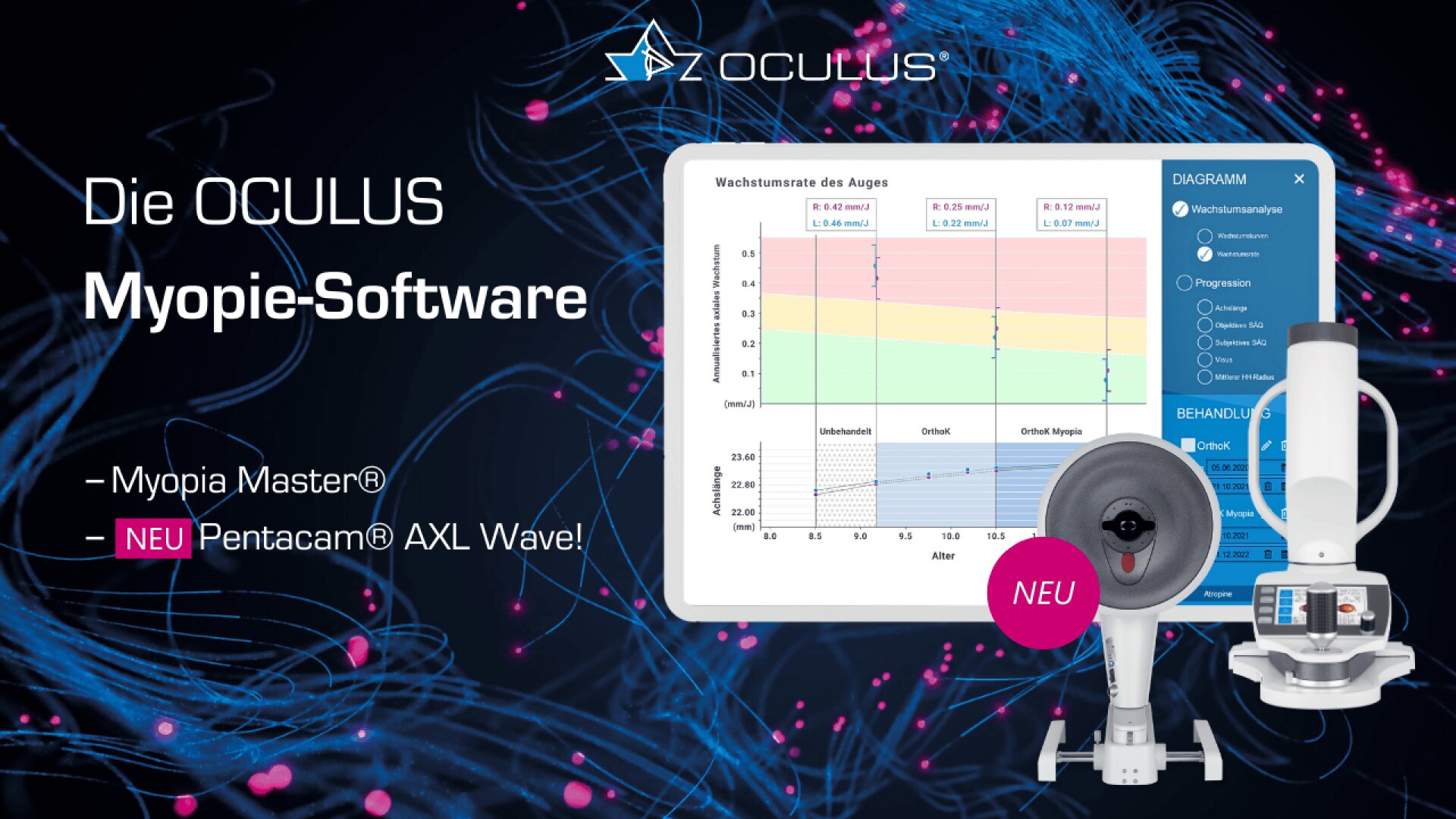 Werbebild für die OCULUS Myopia Software. Es zeigt ein Datendiagramm auf einem Tablet, medizinische Augengeräte und Texthervorhebungen für Myopia Master und Pentacam AXL Wave. Abstraktes blau-rosa Hintergrunddesign.