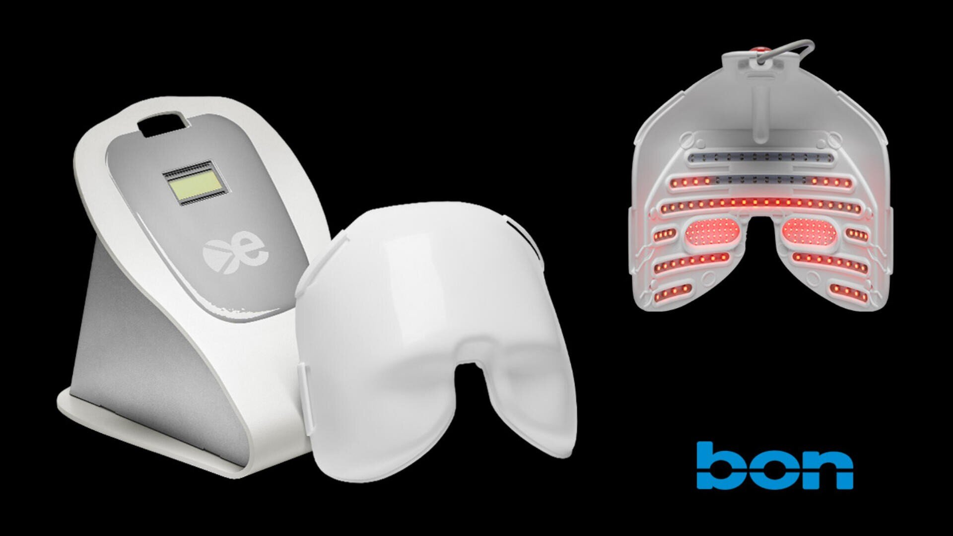 Ein weiß-silbernes elektronisches Dentalgerät mit Digitalanzeige und abnehmbarem Mundstück, daneben ist das Innere mit sichtbaren roten LED-Leuchten abgebildet; das Wort „bon“ erscheint in Blau auf schwarzem Hintergrund.
