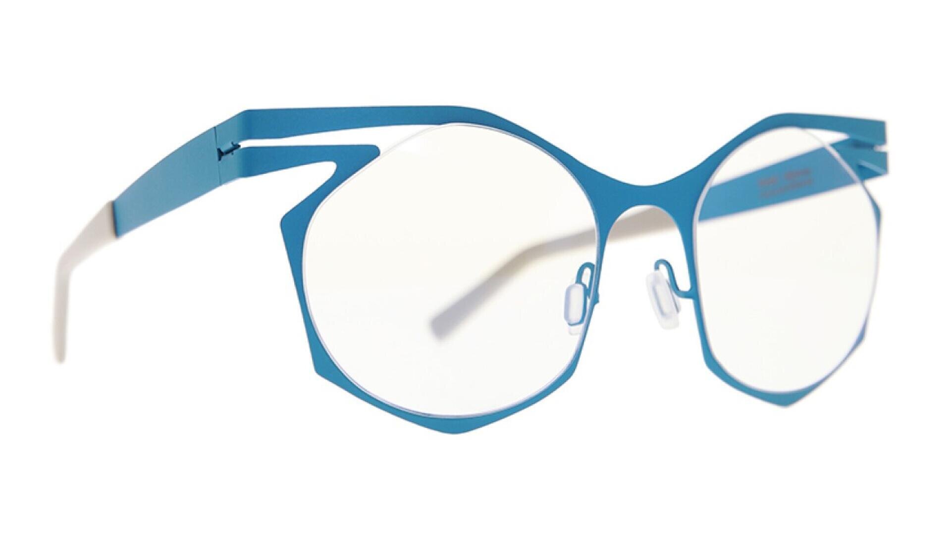 Blue geometric eyeglasses with round lenses, metal frames, and unique angular design on the temples, shown against a white background.