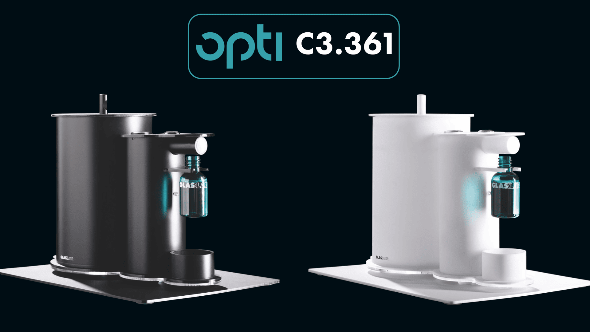 Two modern countertop machines, one black and one white, are shown side by side on a dark background. Above them is a logo reading opti C3.361 in teal and white text.