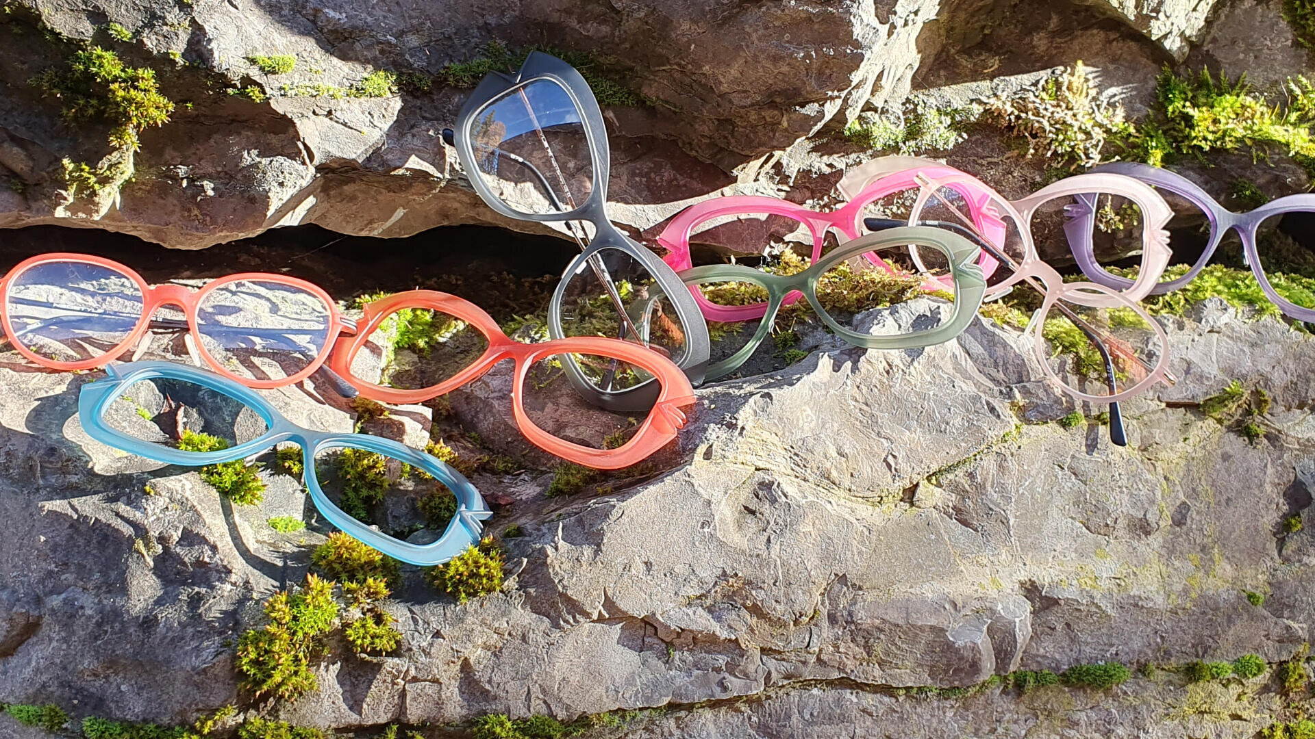 Several colorful pairs of eyeglasses are displayed on a sunlit, rocky surface with patches of green moss. The glasses are in various bright shades, including blue, red, pink, gray, and purple.