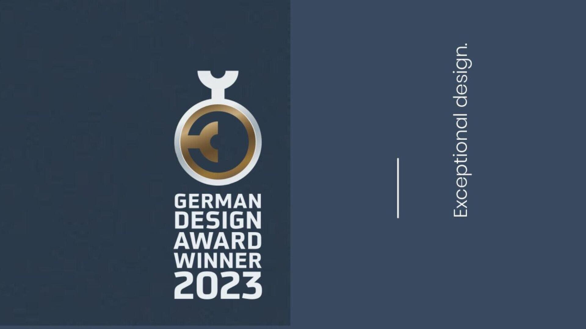 The image features the German Design Award Winner 2023 logo on a blue background, with the words Exceptional design. written vertically on the right side.