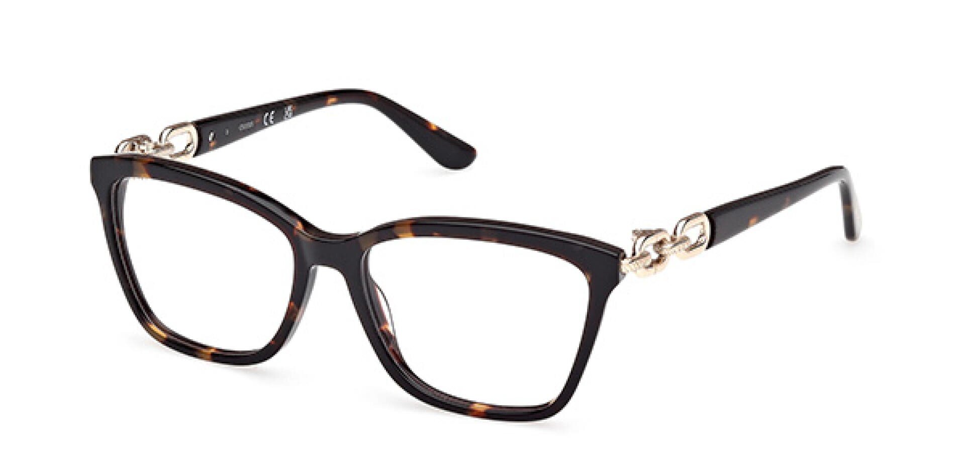Eine rechteckige Brille aus Schildpatt mit goldenen Zierakzenten an den Bügeln, abgebildet auf weißem Hintergrund.