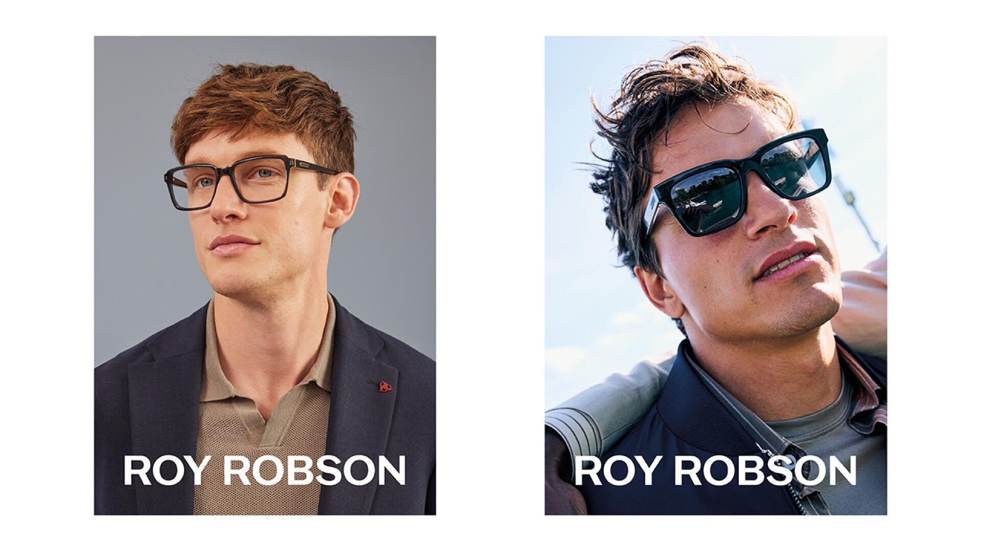 Zwei Männer mit Brillen modellieren in getrennten Porträts formelle und legere Outfits, jeweils mit dem Text ROY ROBSON am unteren Rand, der für Brillen oder Mode wirbt.