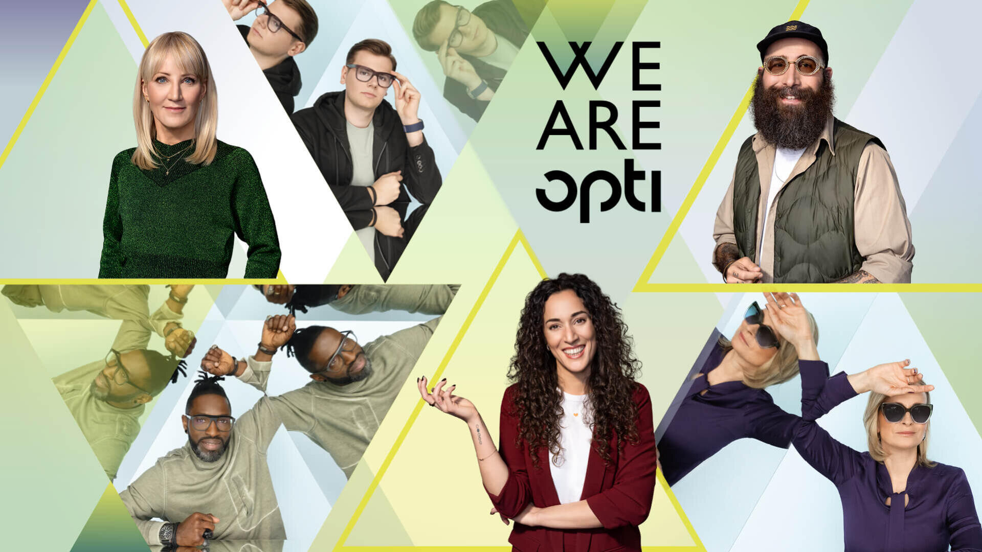 Eine Collage aus unterschiedlichen Menschen, die selbstbewusst posieren, einige tragen eine Brille und machen verspielte Posen, mit dem Text „WE ARE opti“ in der Mitte auf einem geometrischen Hintergrund aus Dreiecken.