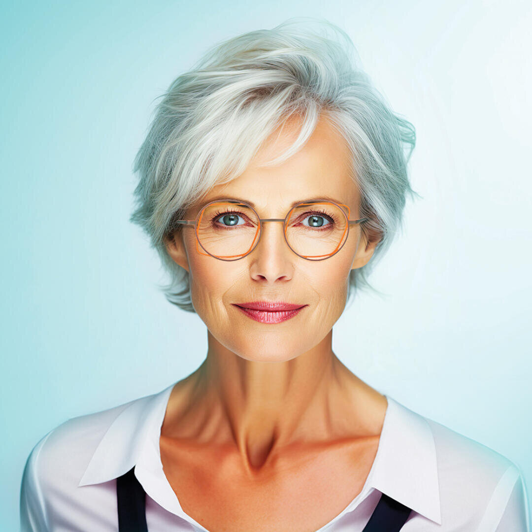 A confident older woman with short, stylish gray hair and glasses, wearing a white blouse, smiles slightly against a soft light blue background.