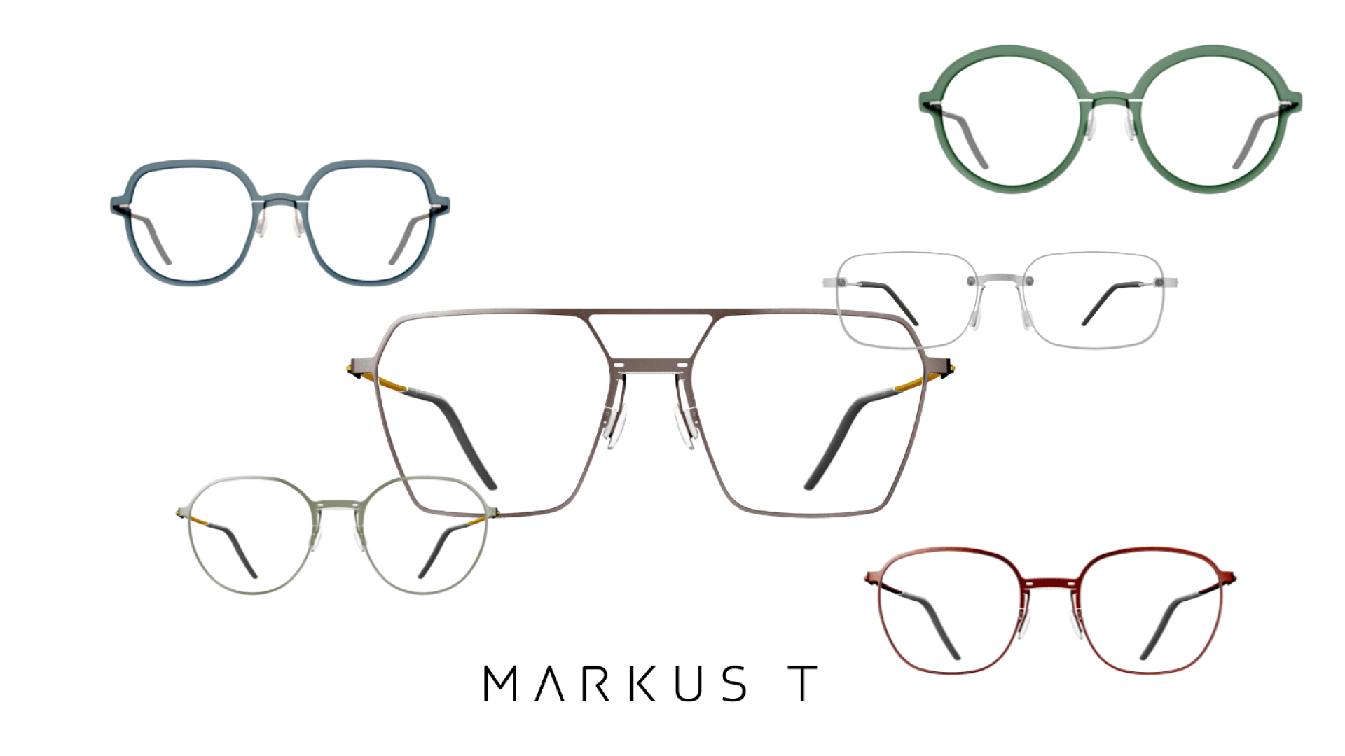 Eine Kollektion von sechs Brillen in verschiedenen Formen und Farben ist um den Markennamen MARKUS T in schwarzer Schrift auf weißem Hintergrund angeordnet.